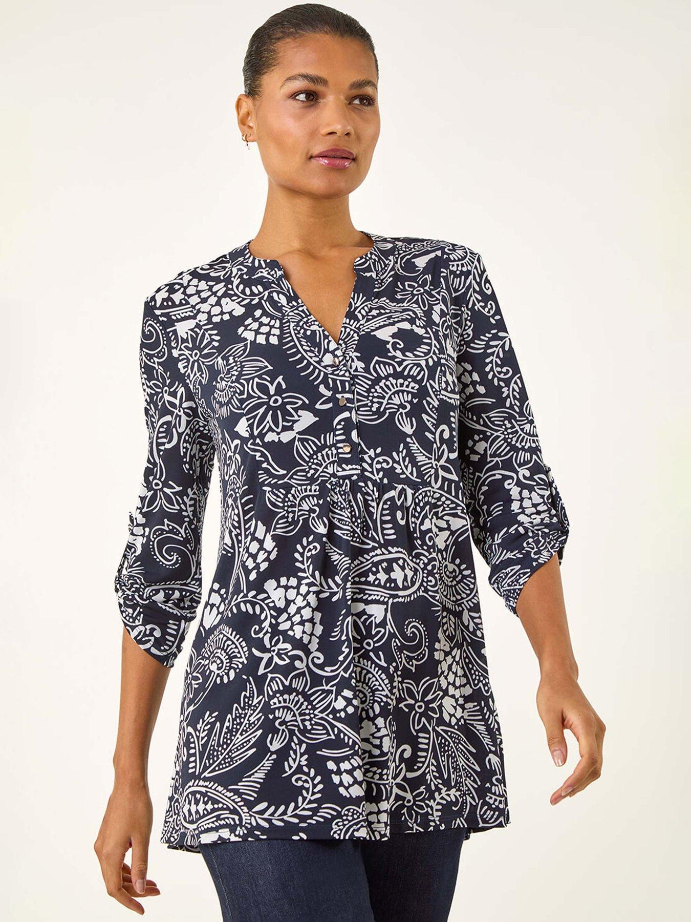 roman-abstract-print-buttoned-tunic-top-navy