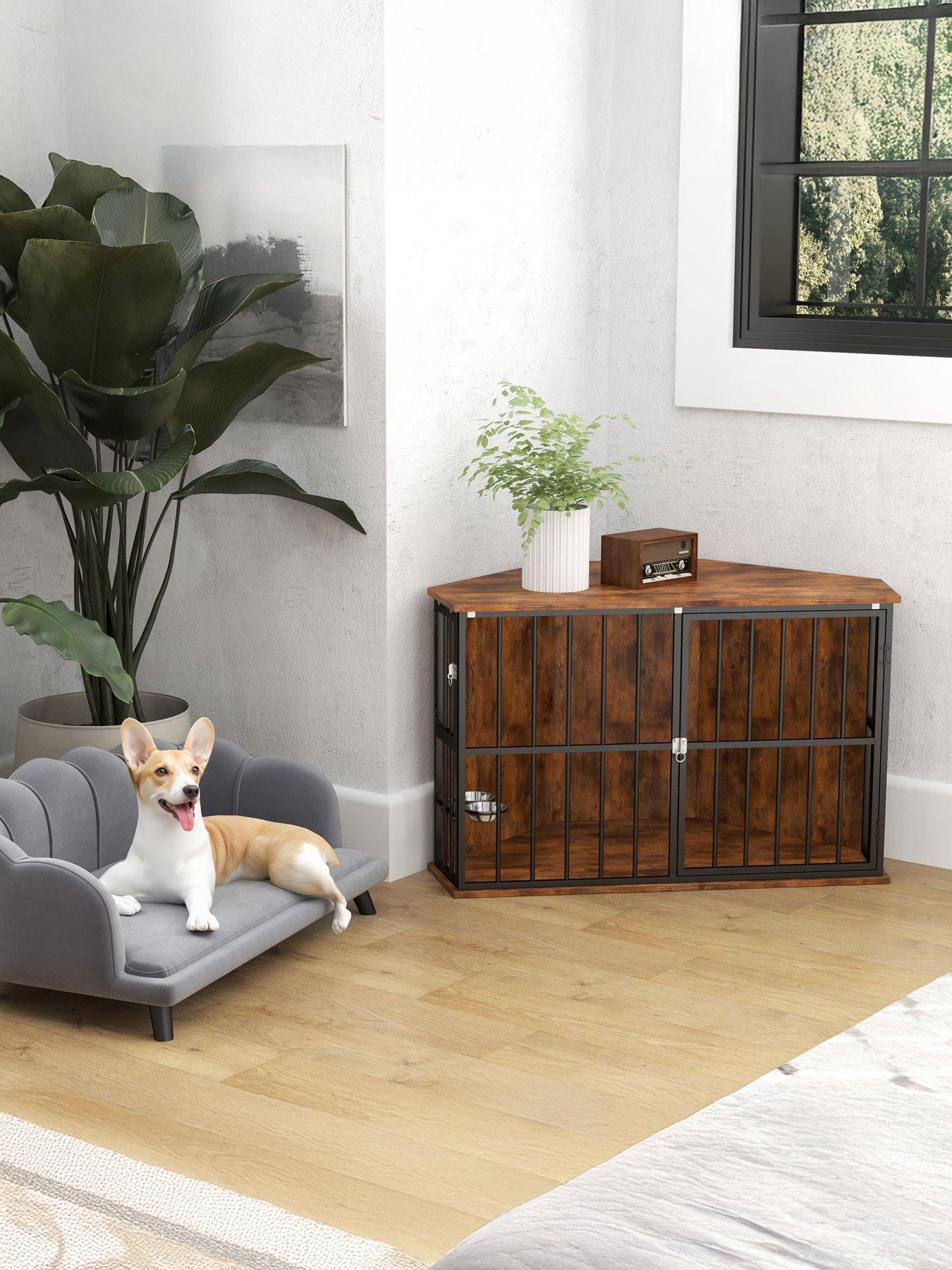 PawHut Corner Dog Crate Furniture with 2 Bowls for Small  &  Medium Dogs