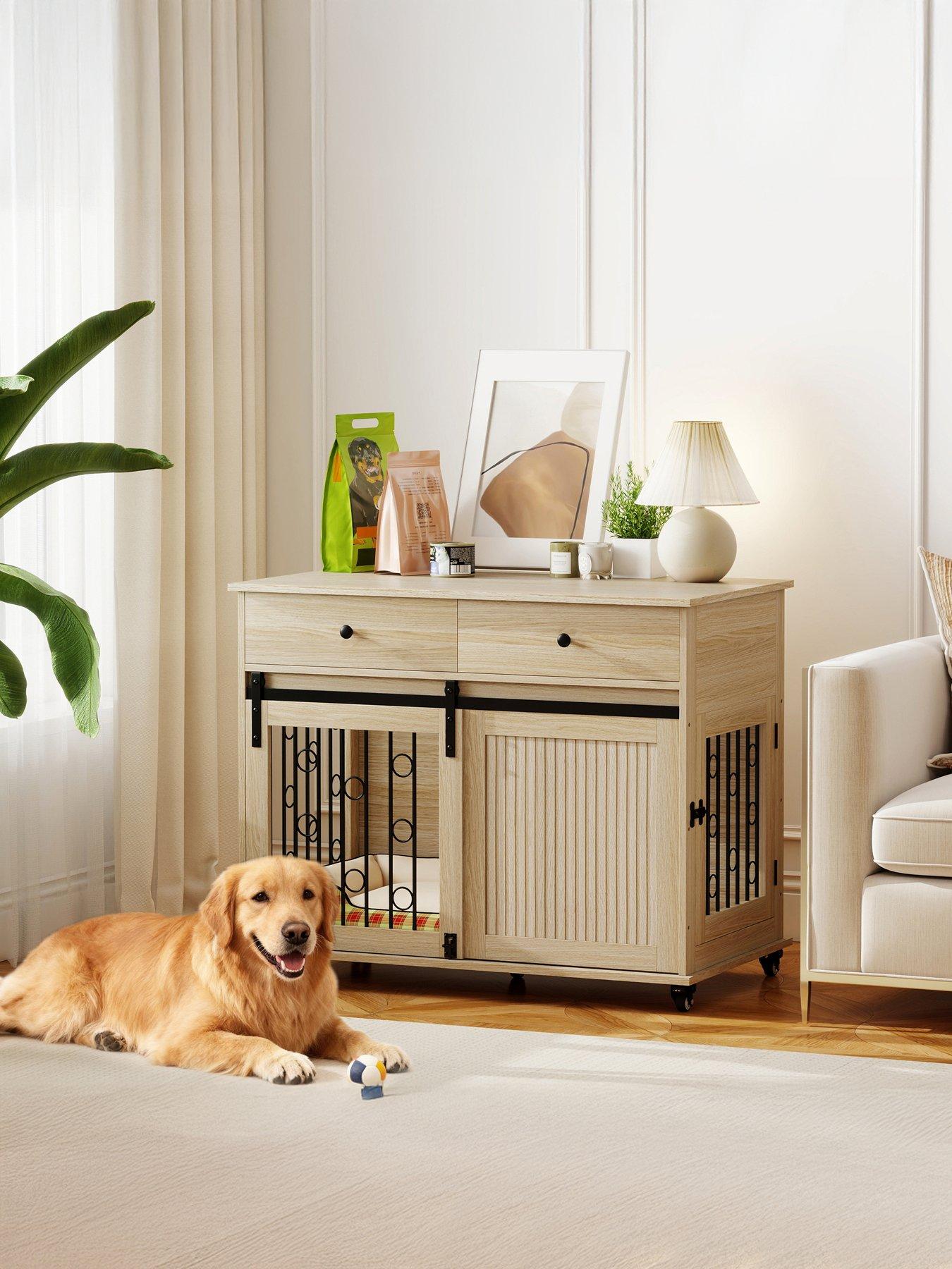 Pawhut Dog Crate Furniture, Dog Cage W/ Wheels, 2 Drawers, Sliding Door, Oak