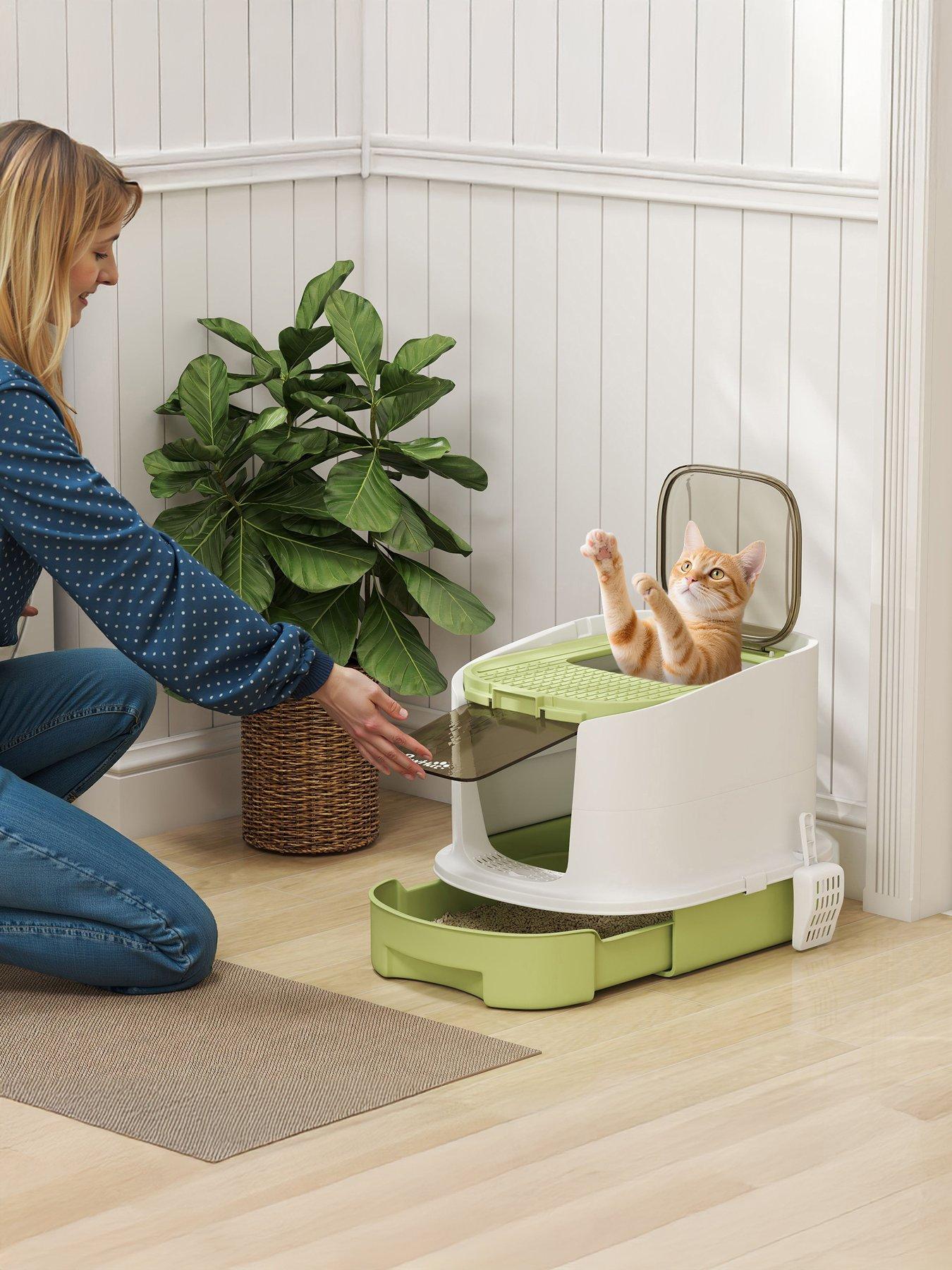 Image 1 of 7 of PawHut Cat Litter Box, Hooded Cat Litter Tray with Lid, Scoop, Green
