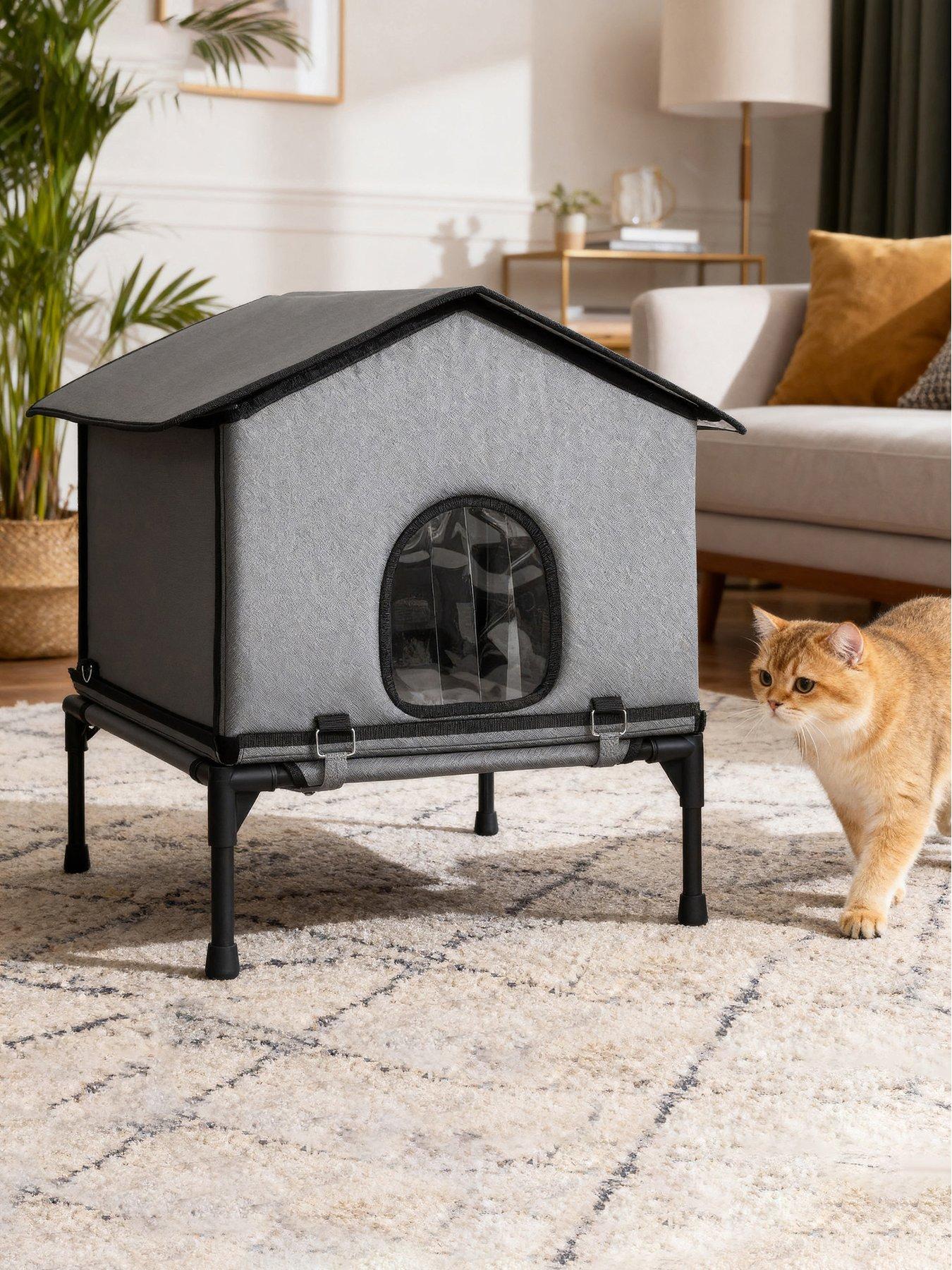 Image 1 of 7 of PawHut Outdoor Cat House, Cat Shelter with Elevated Base, Grey