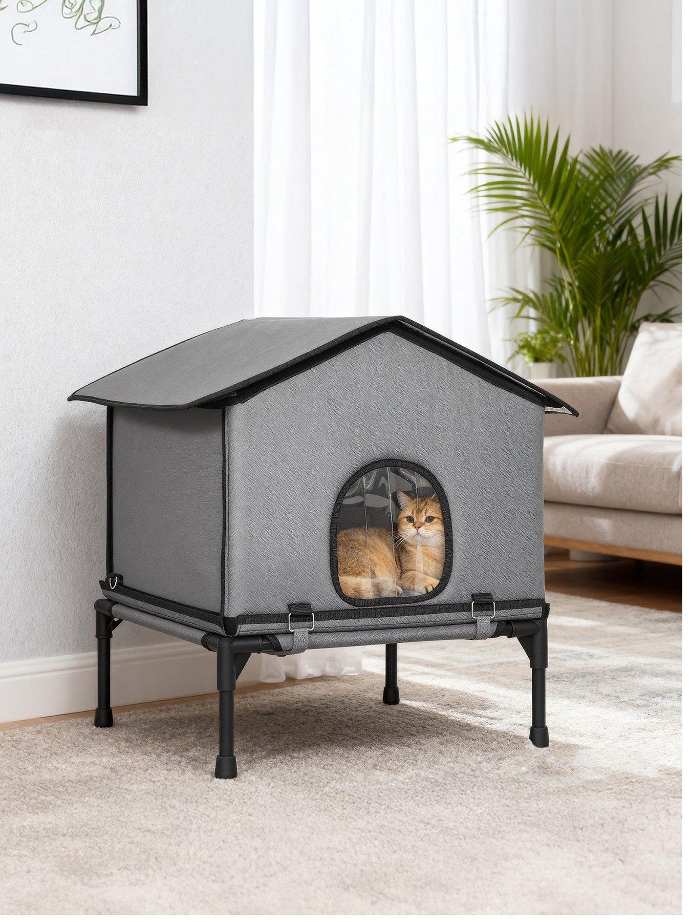 Image 2 of 7 of PawHut Outdoor Cat House, Cat Shelter with Elevated Base, Grey