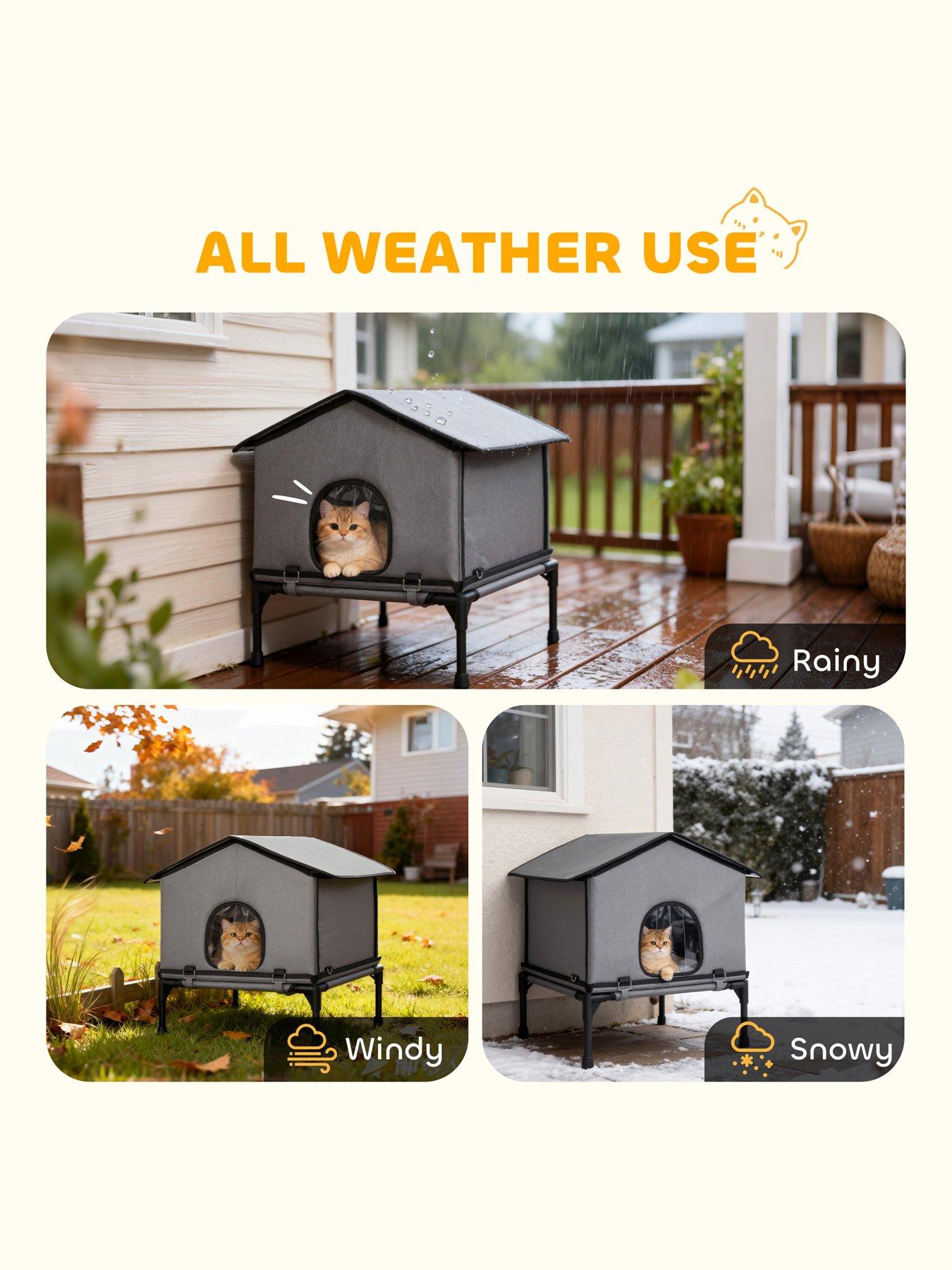 Image 4 of 7 of PawHut Outdoor Cat House, Cat Shelter with Elevated Base, Grey
