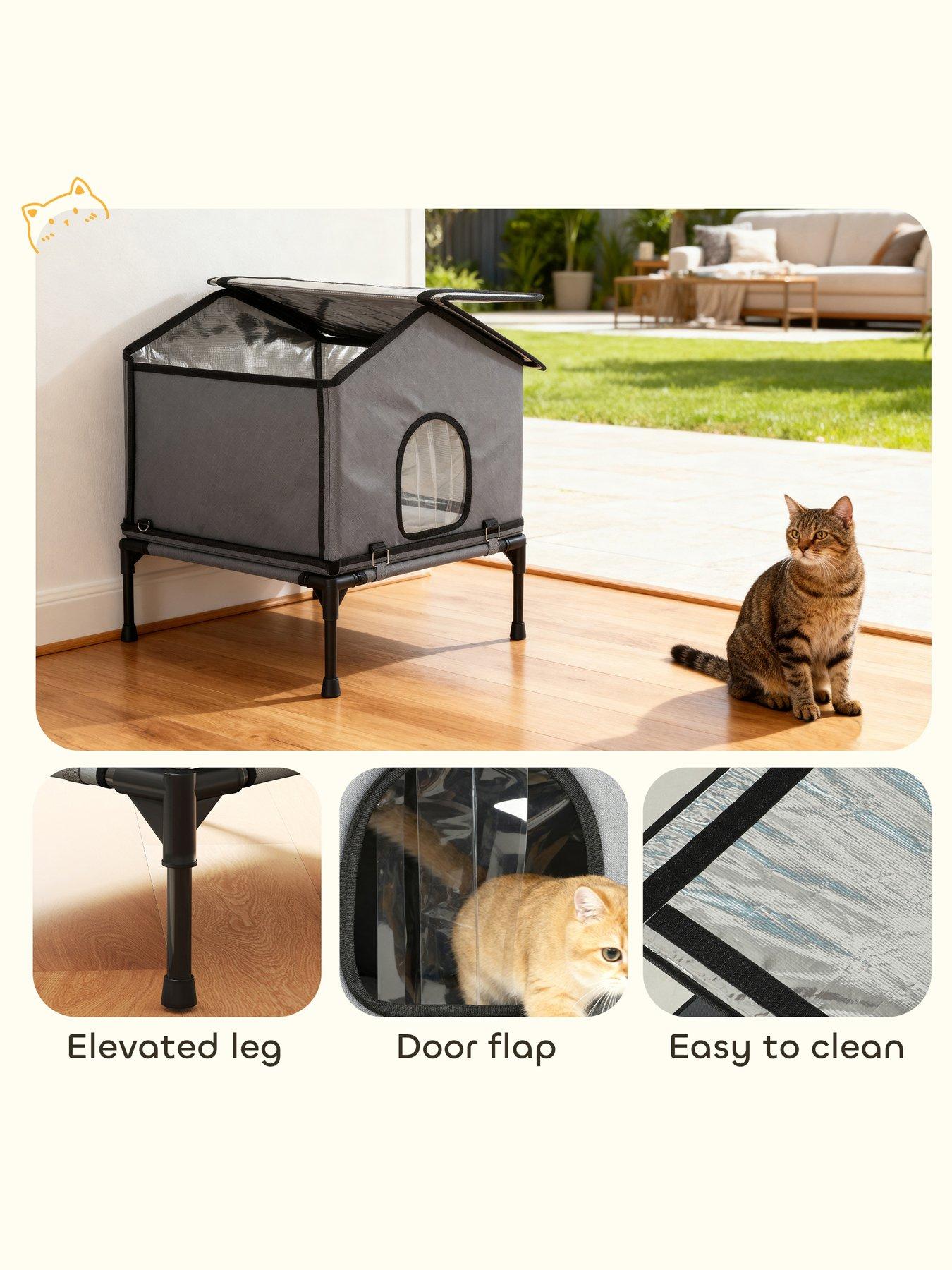 Image 7 of 7 of PawHut Outdoor Cat House, Cat Shelter with Elevated Base, Grey