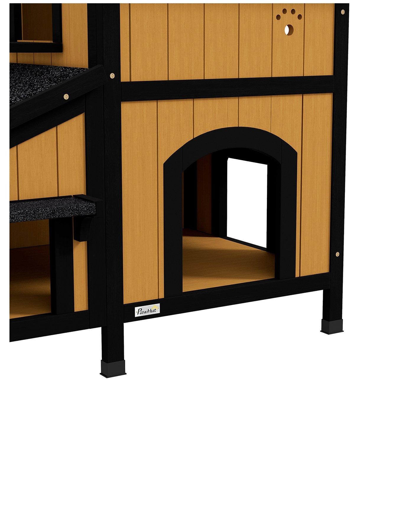 Image 2 of 7 of PawHut Wooden Outdoor Cat House w/ Flower Pot, Windows, Multiple Entrances