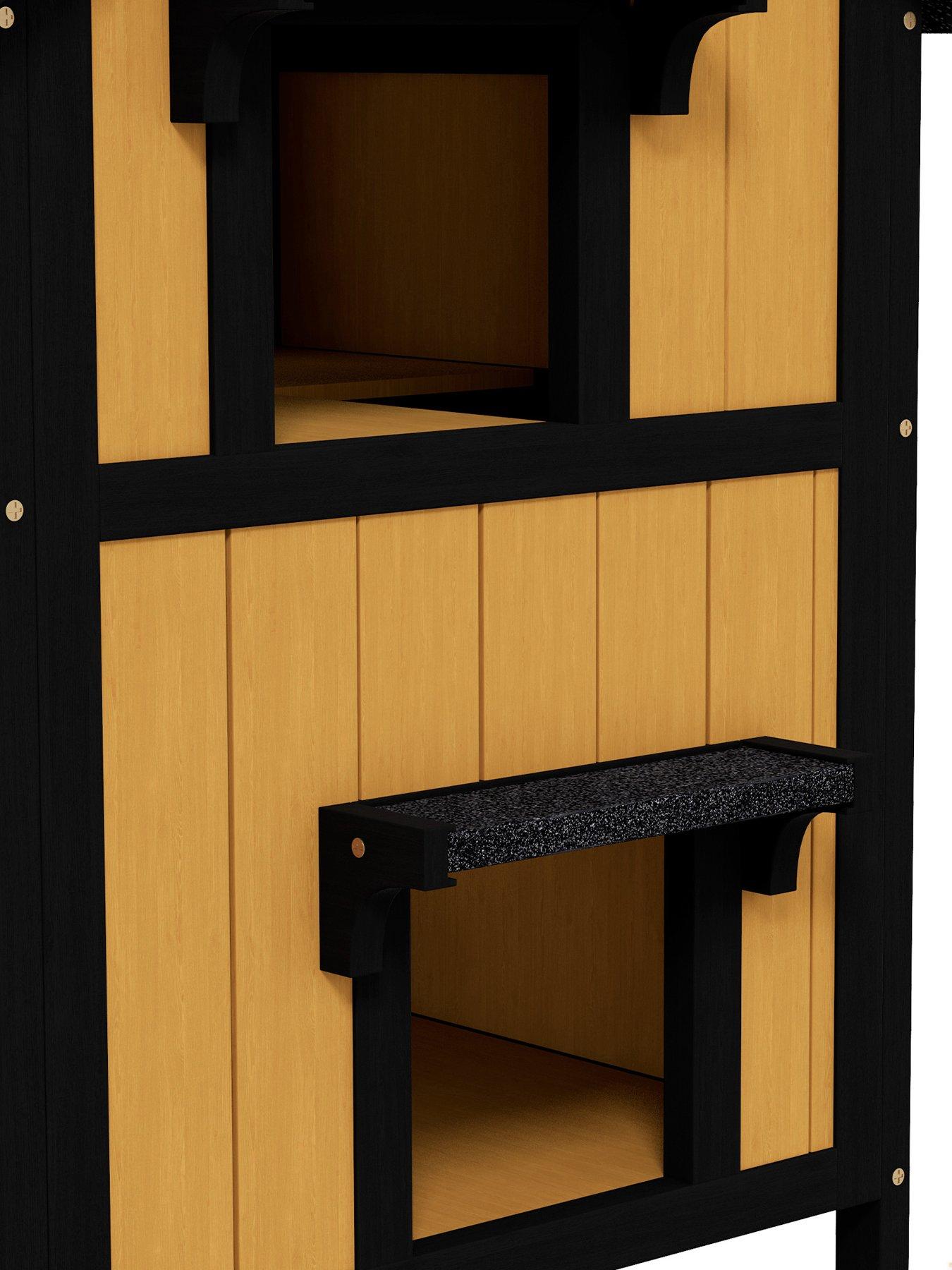 Image 3 of 7 of PawHut Wooden Outdoor Cat House w/ Flower Pot, Windows, Multiple Entrances