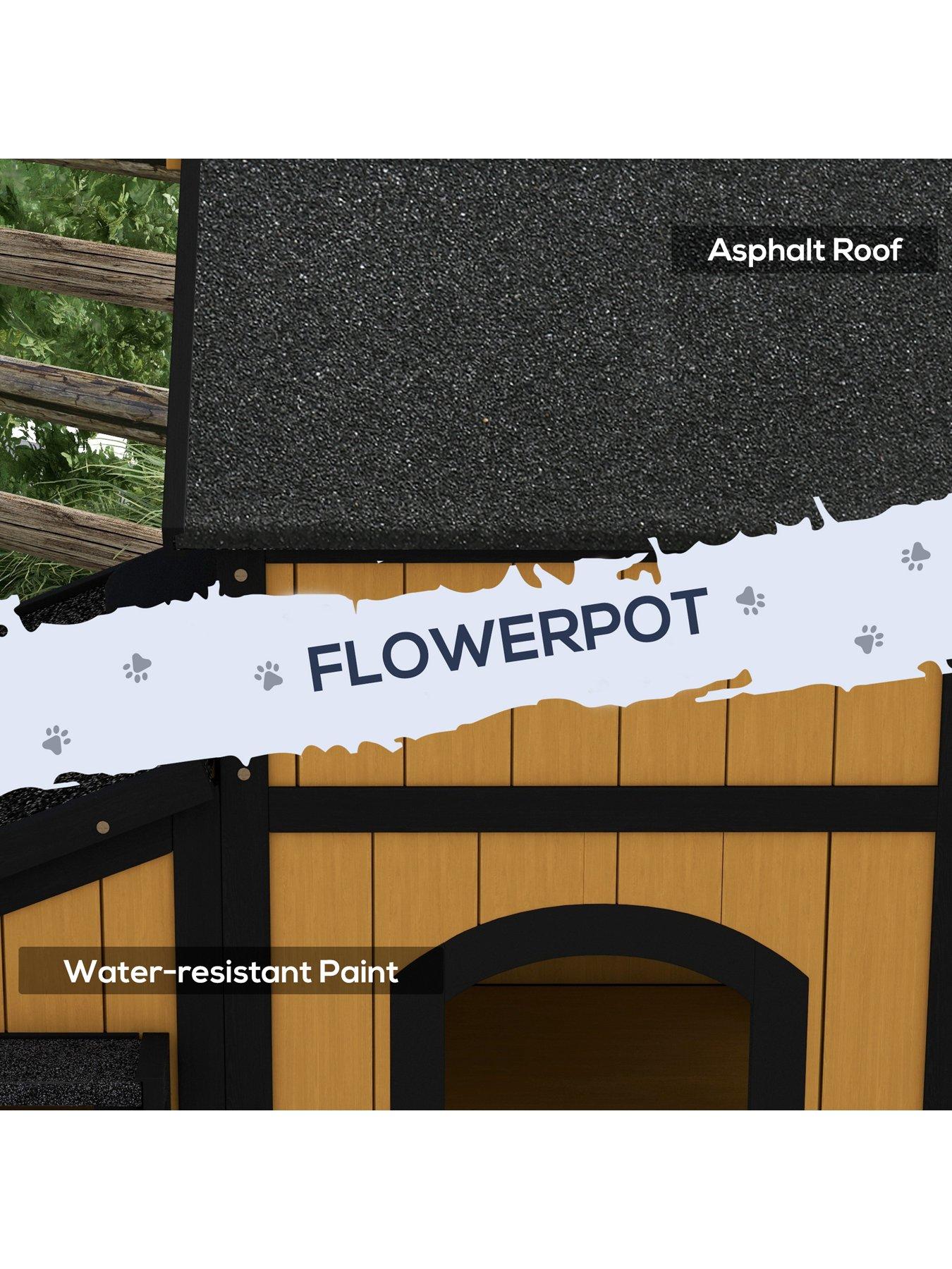 Image 5 of 7 of PawHut Wooden Outdoor Cat House w/ Flower Pot, Windows, Multiple Entrances