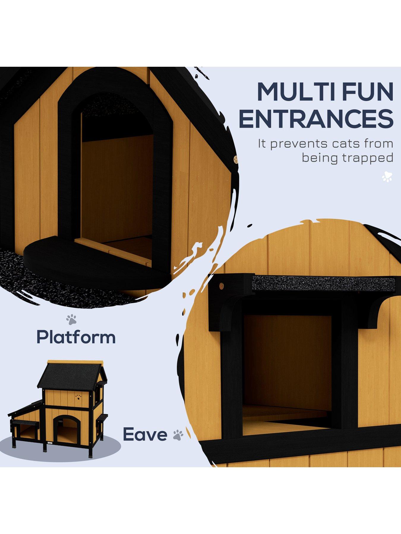 Image 6 of 7 of PawHut Wooden Outdoor Cat House w/ Flower Pot, Windows, Multiple Entrances