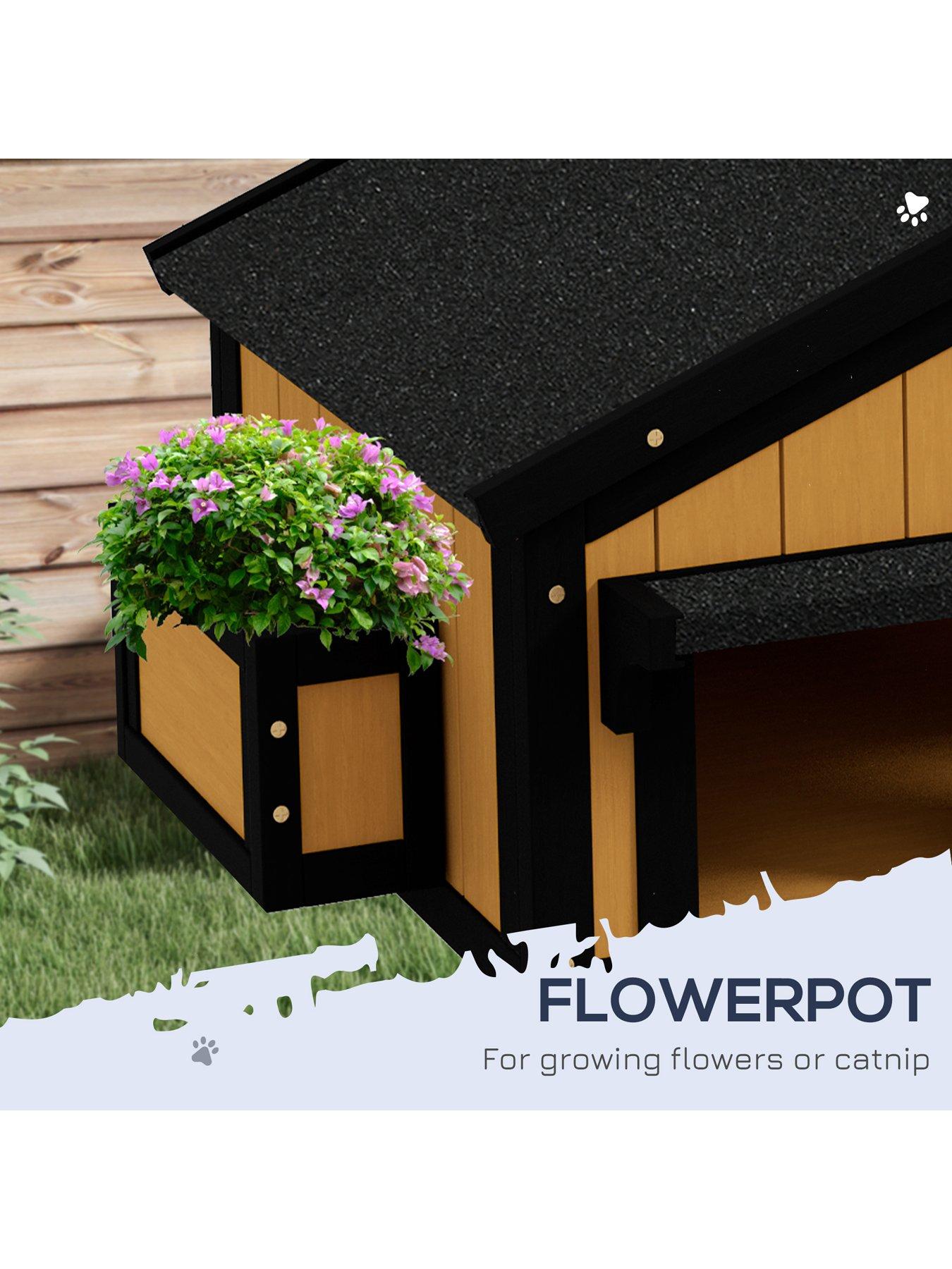 Image 7 of 7 of PawHut Wooden Outdoor Cat House w/ Flower Pot, Windows, Multiple Entrances
