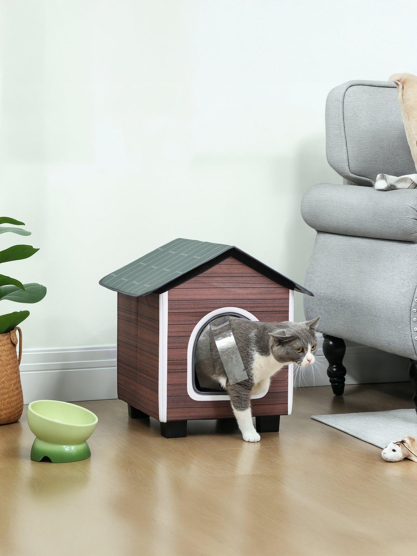 PawHut Outdoor Cat House with Elevated Base, Cushion, Red-brown