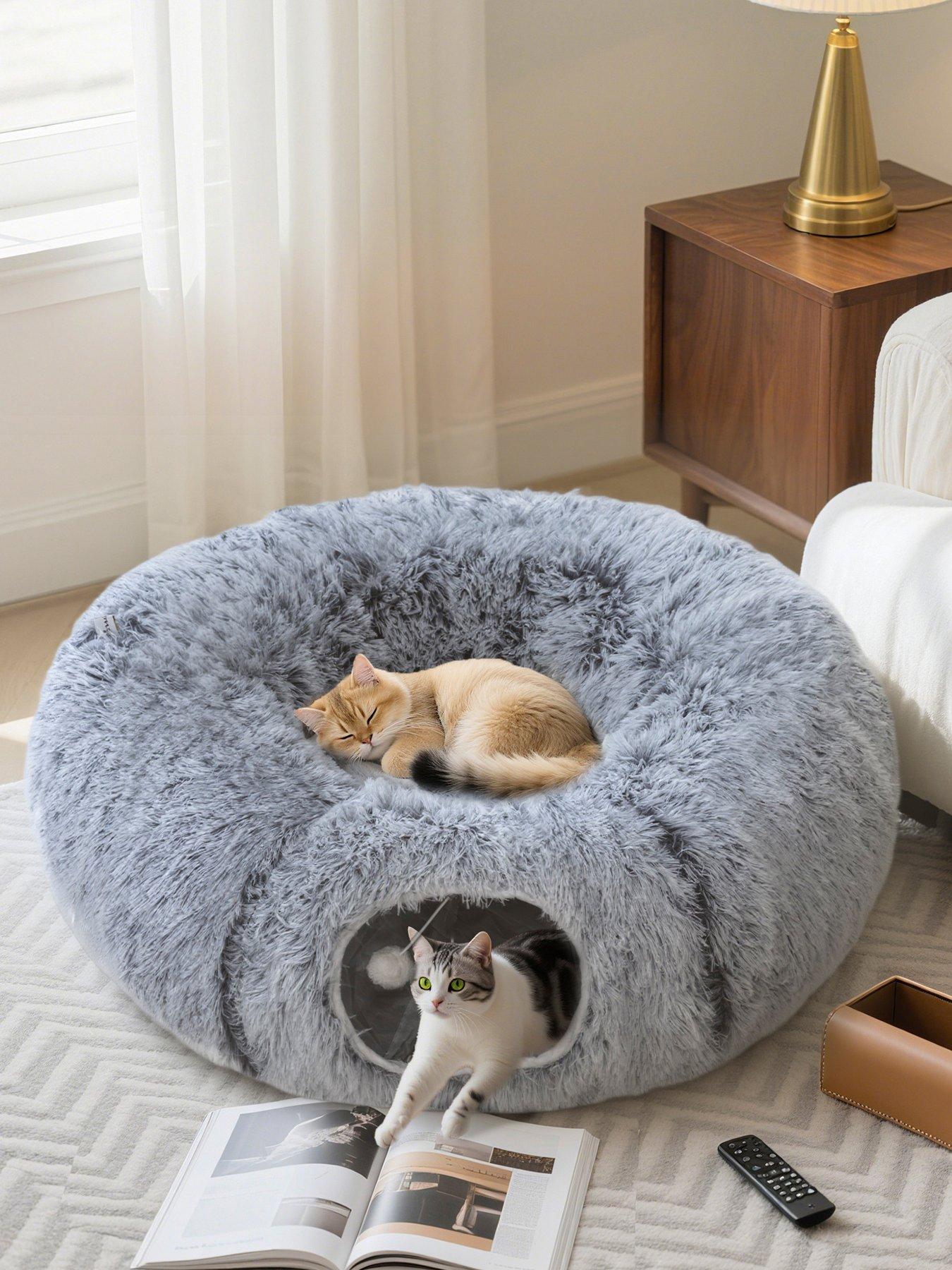 PawHut Donut Play Tunnel Bed with Washable Cushion and Toy Ball, Light Grey