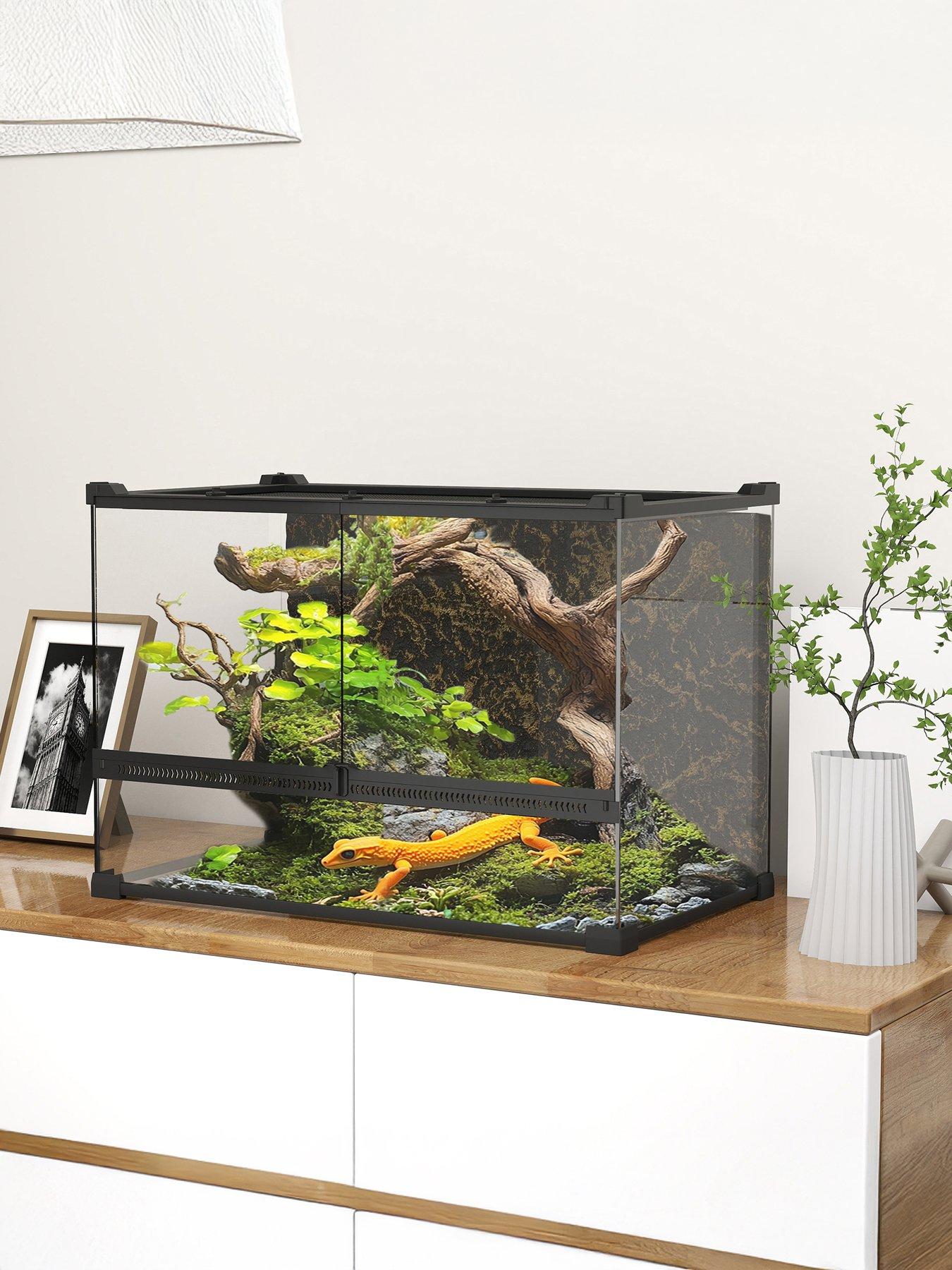 PawHut 48L Glass Terrarium, Reptile Vivarium with Stone Background, Black