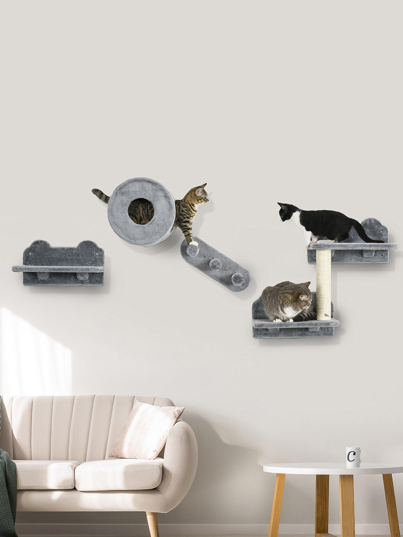 PawHut Cat Wall Furniture with Platforms, Steps, Perch, Cat House - Grey