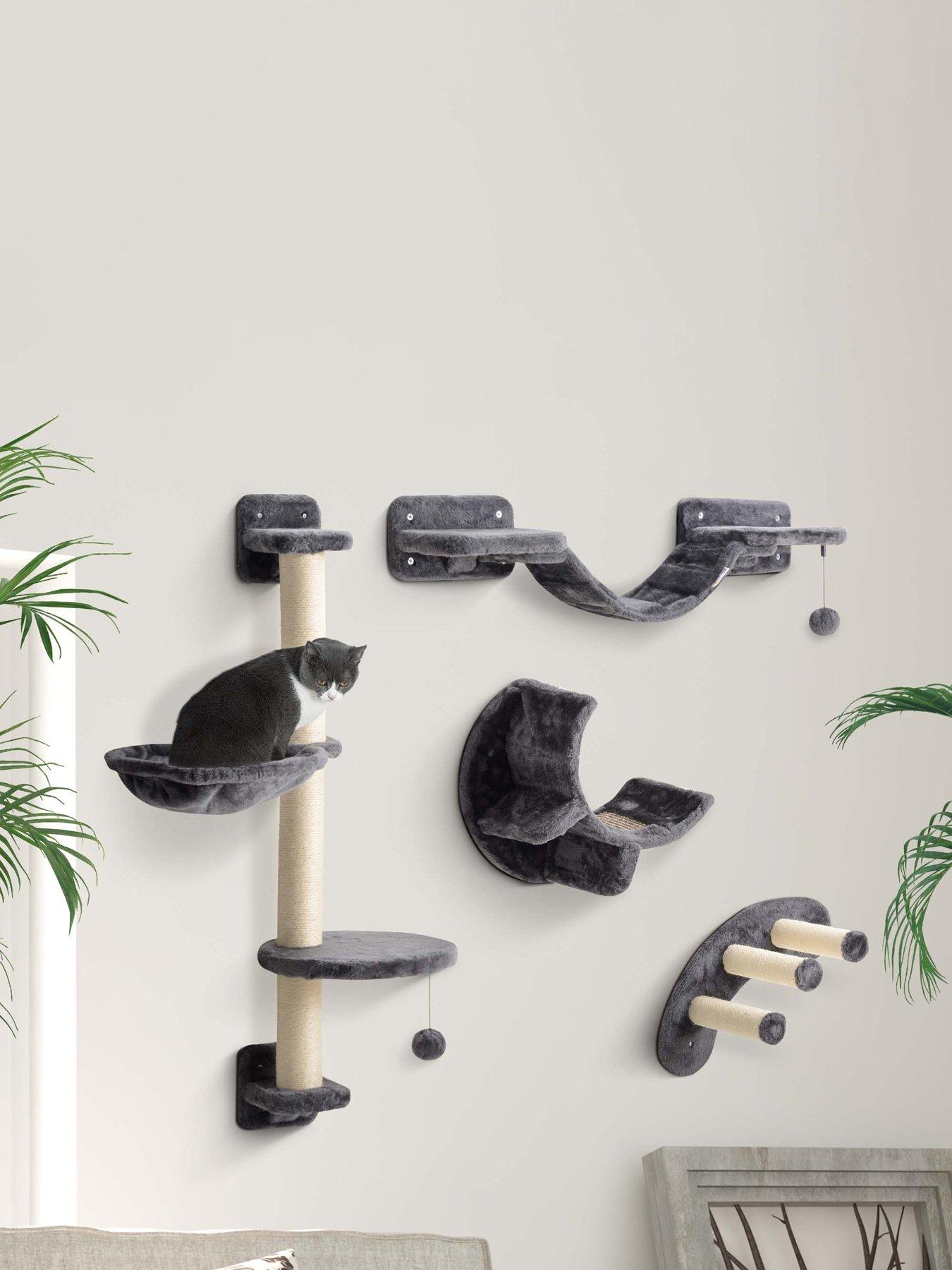 PawHut 4 Piece Cat Wall Furniture Hammock Ladder Steps Plush Sisal Dark Grey
