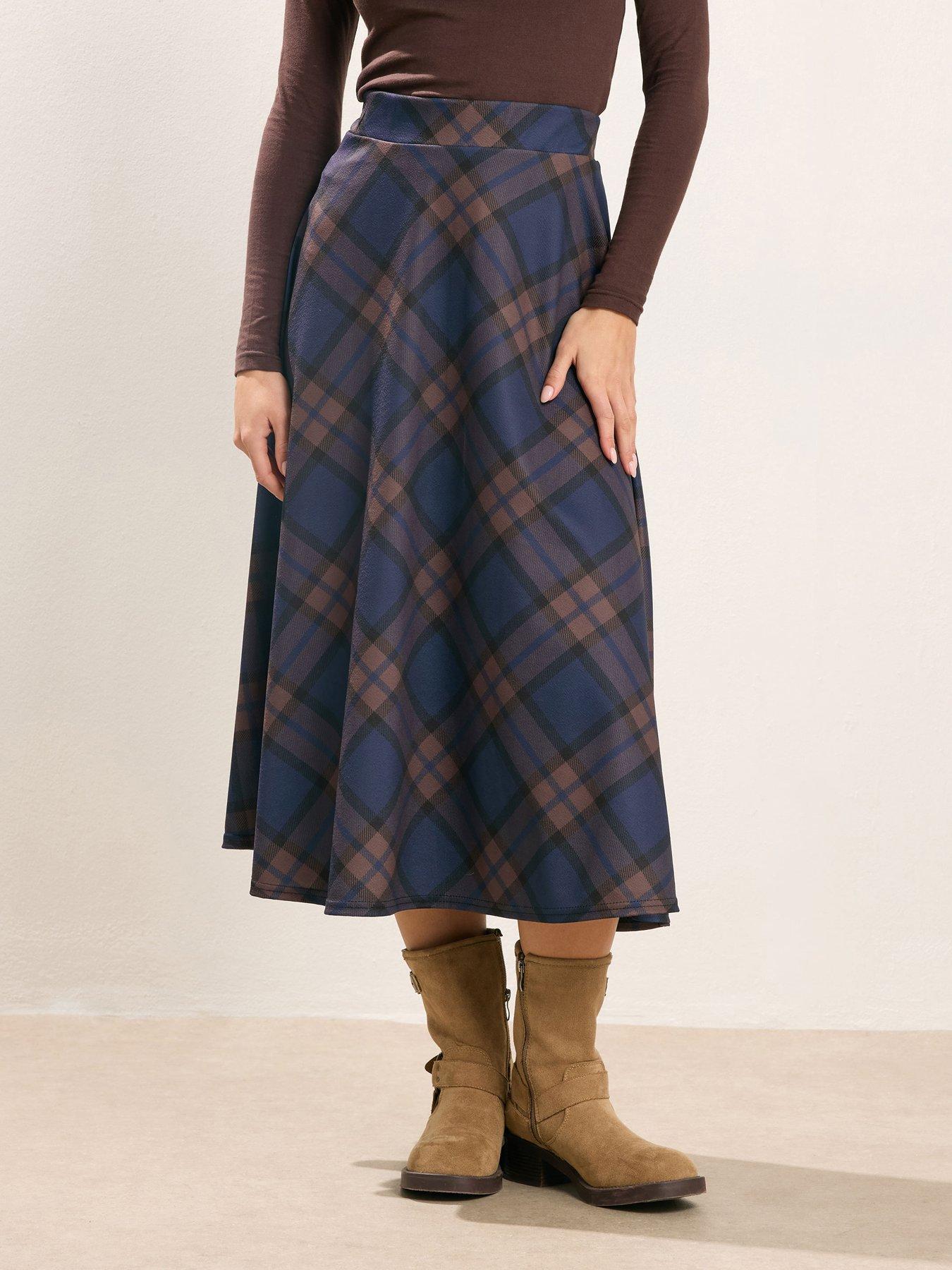 PixieGirl Petite Check A Line Midaxi Skirt - Brown/Blue