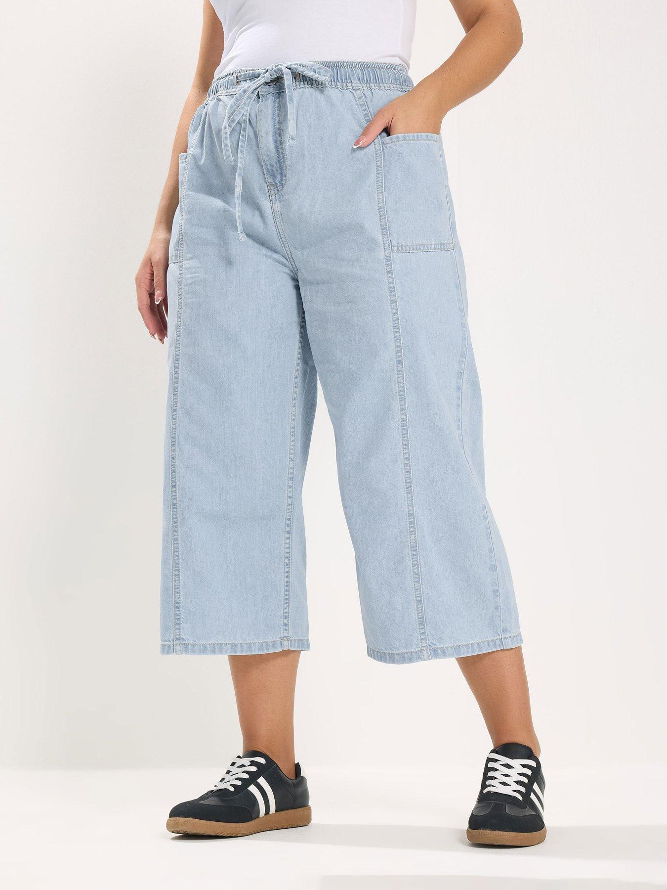 Yours Curve Tie Waist Cropped Trouser - Blue