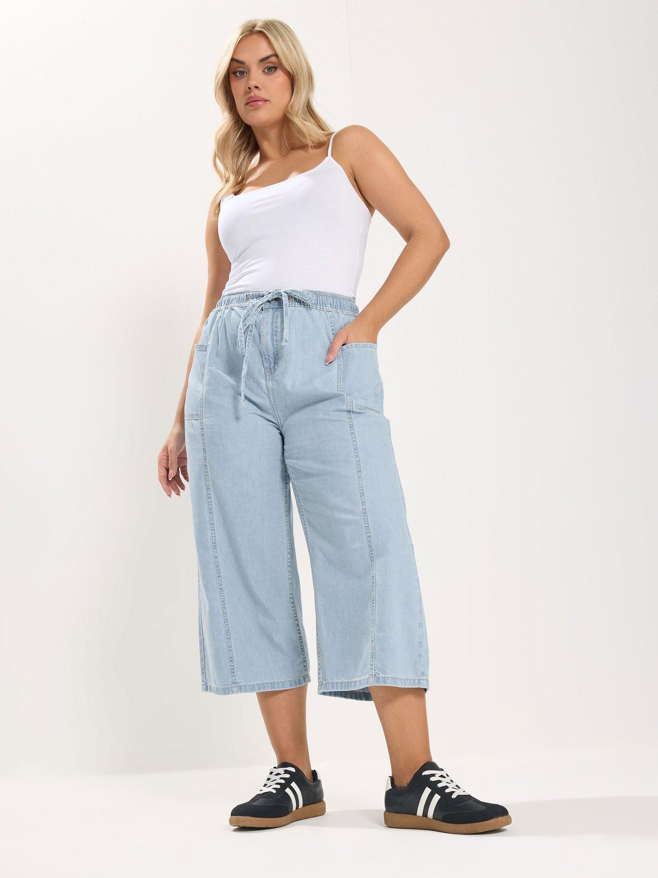 Image 3 of 5 of Yours Curve Tie Waist Cropped Trouser - Blue