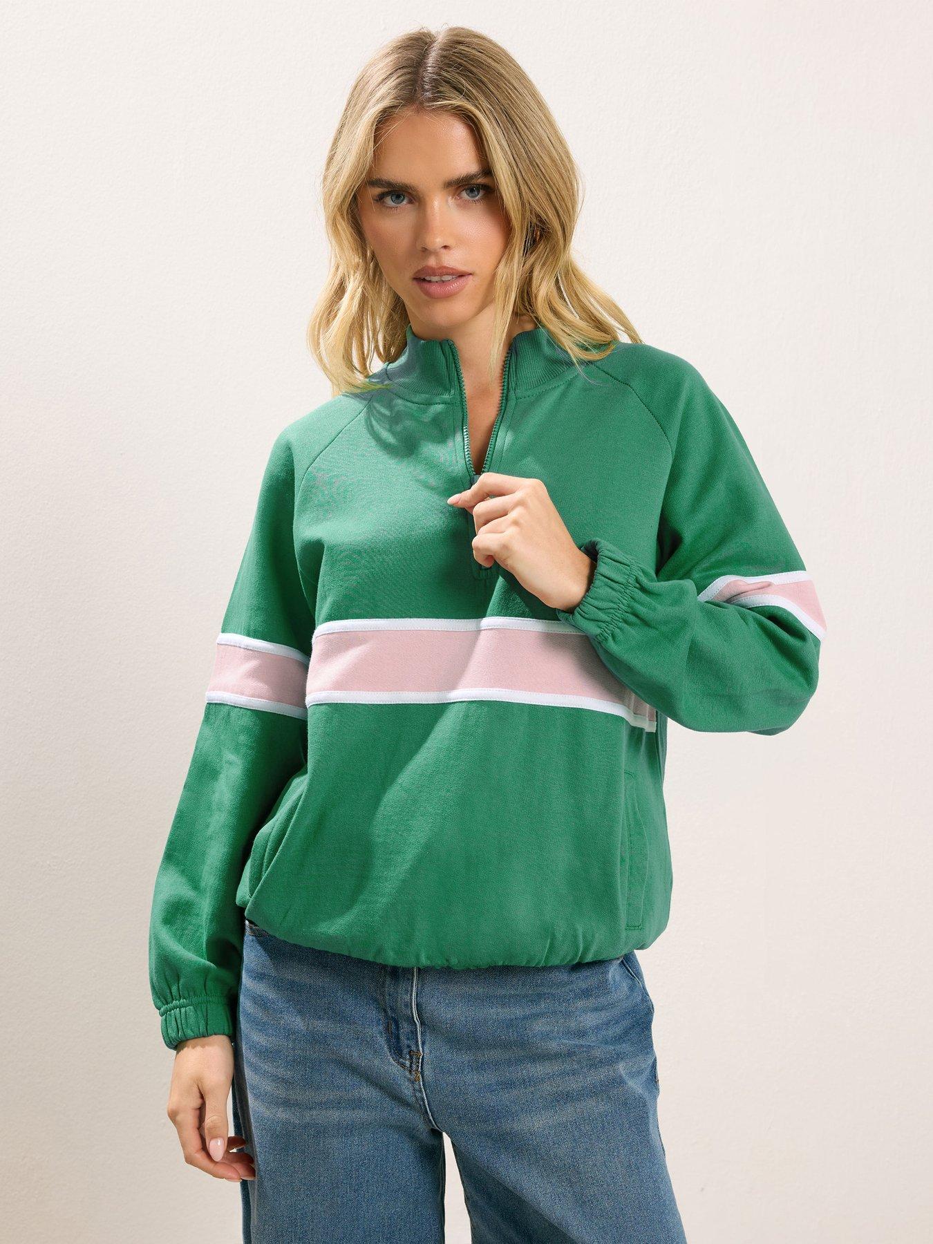 PixieGirl Petite Retro Stripe Quarter Zip Sweat Top - Green