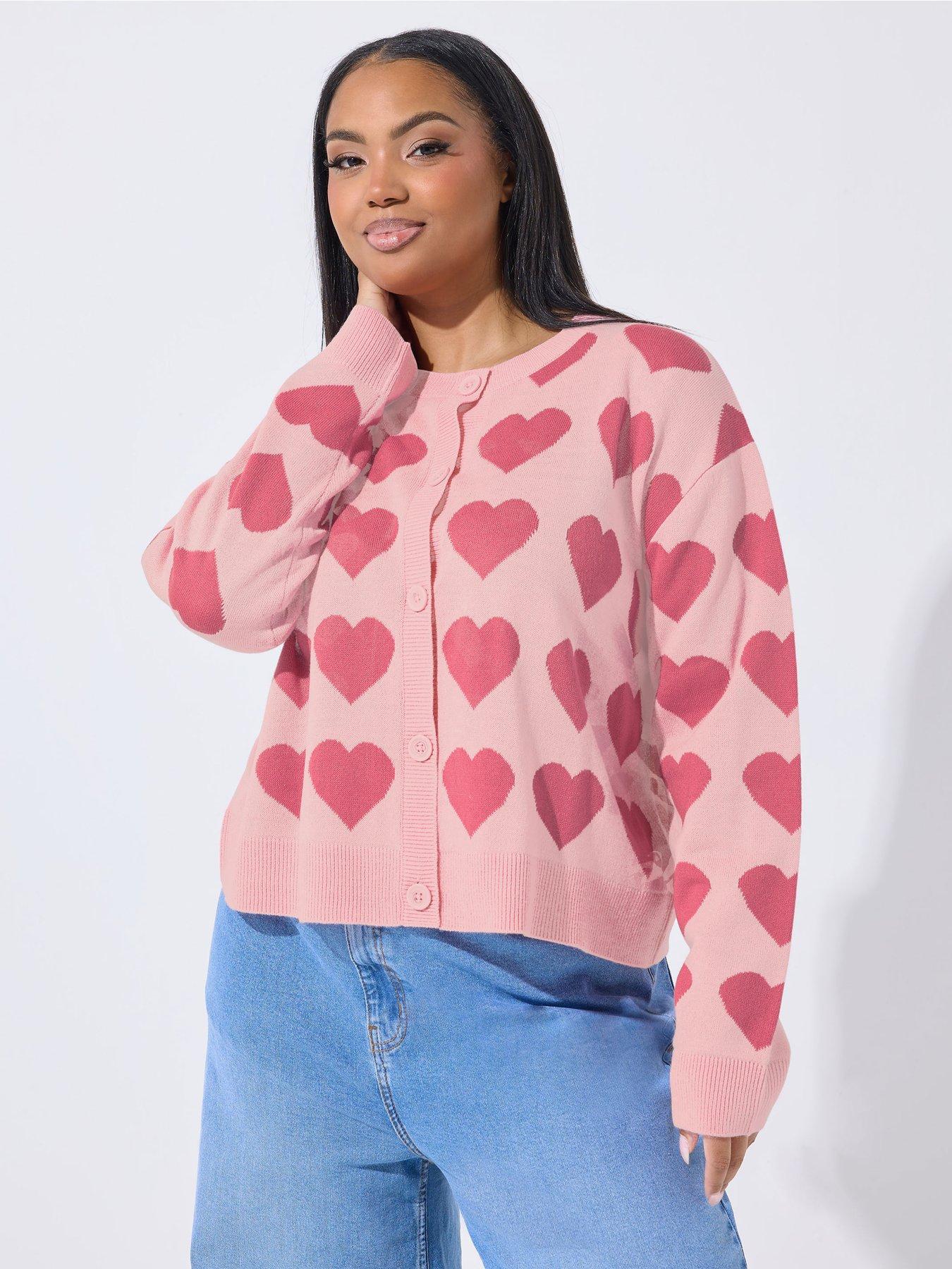 Image 1 of 5 of Yours Curve Heart Knitted Cardigan - Pink