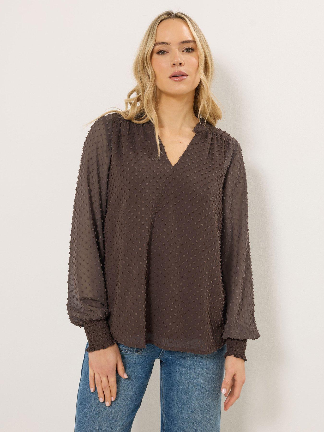 Long Tall Sally Tall Dobby Spot Shirred Cuff Top - Brown