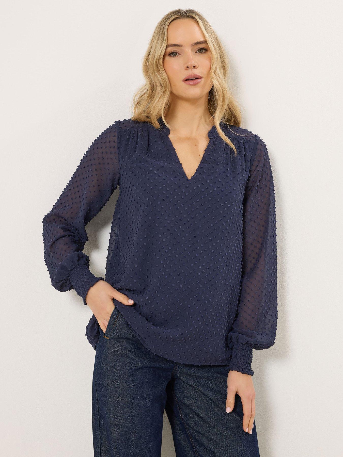 Long Tall Sally Tall Dobby Spot Shirred Cuff Top - Blue