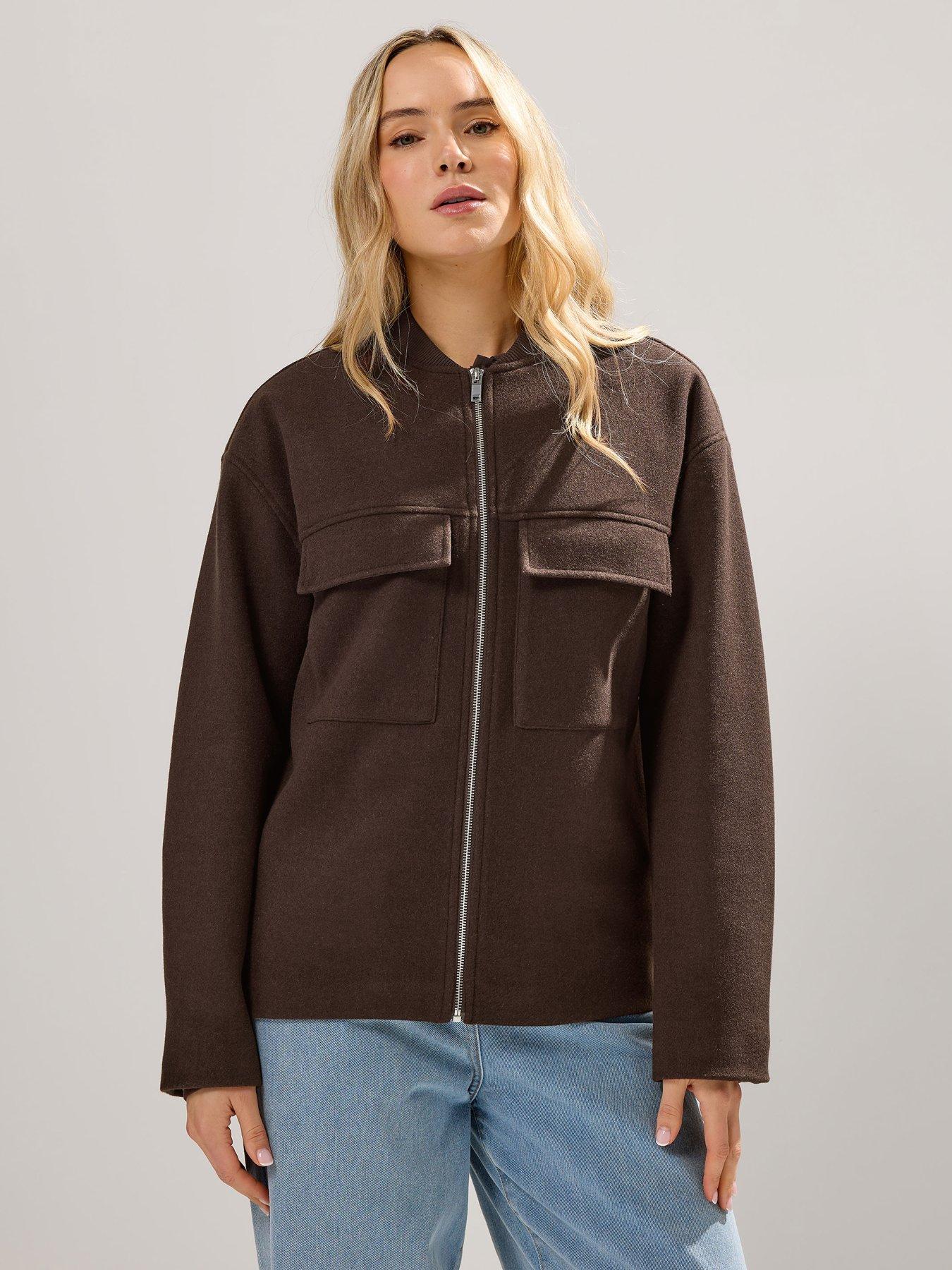 Long Tall Sally Tall Cosy Brushed Bomber Jacket - Brown