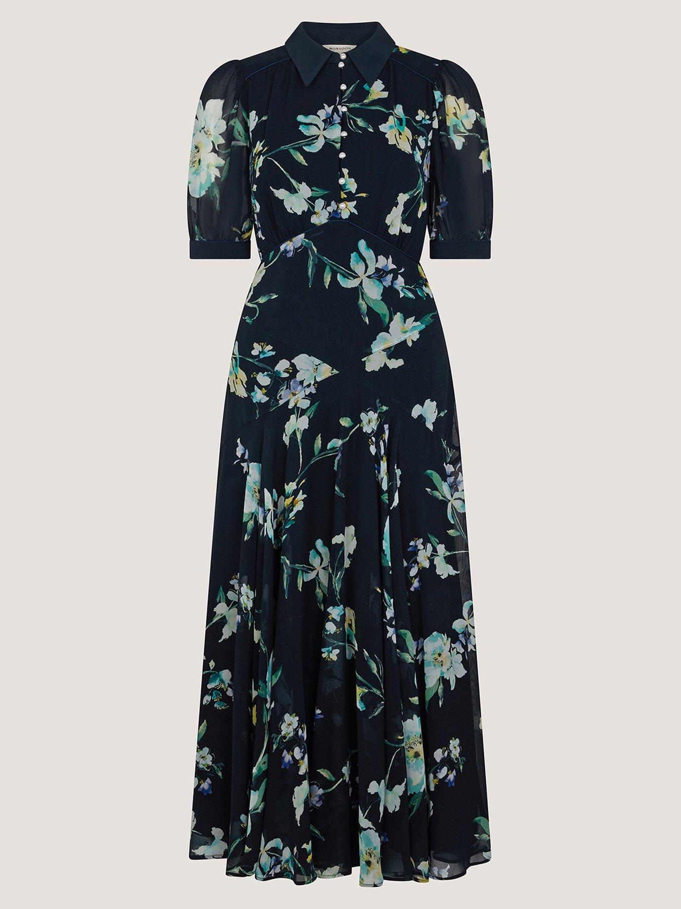 Monsoon Lilwen Floral Midi Tea Dress - Navy | Very