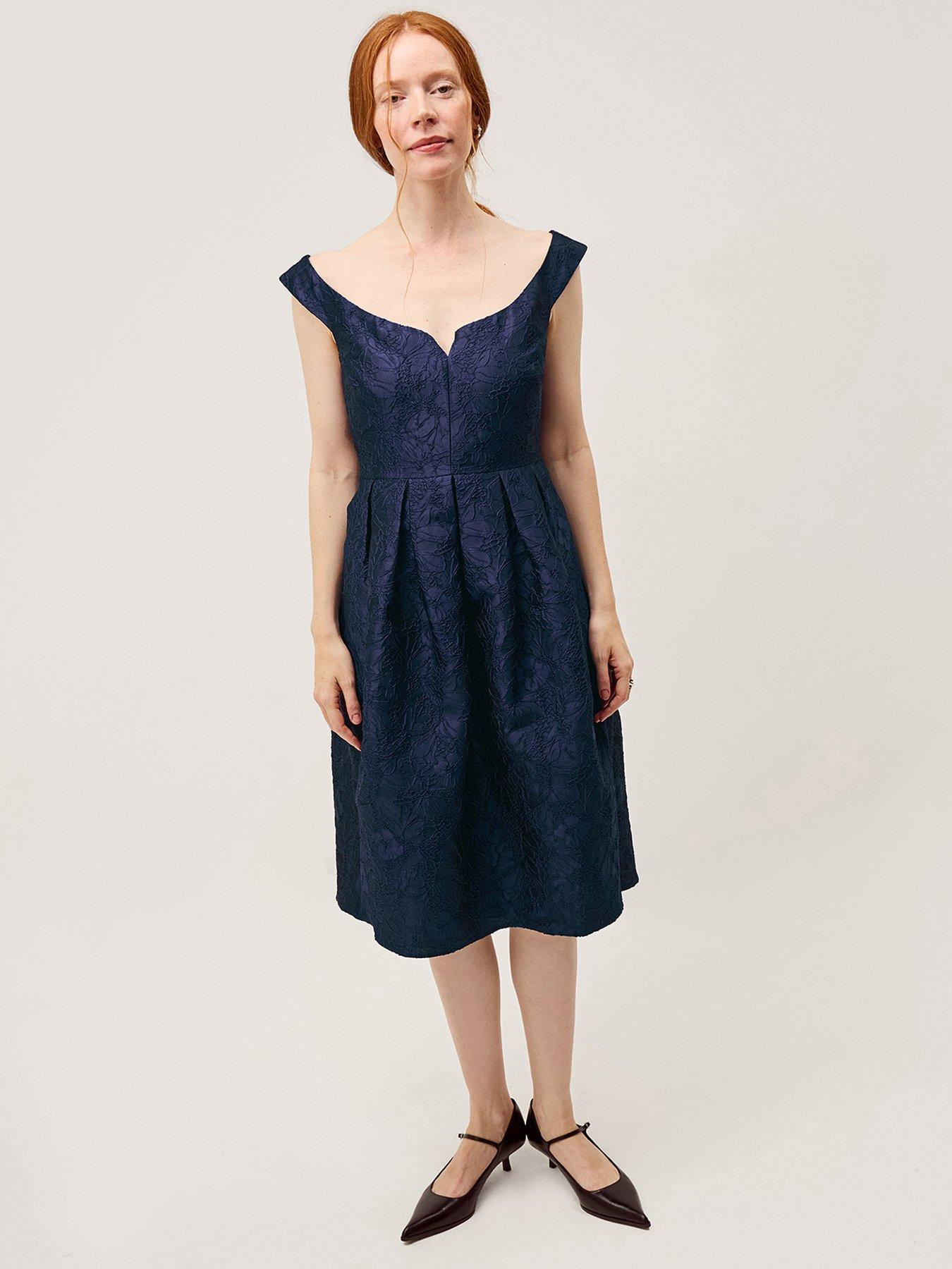 Image 1 of 5 of Monsoon Juliana Jacquard Midi Dress - Navy