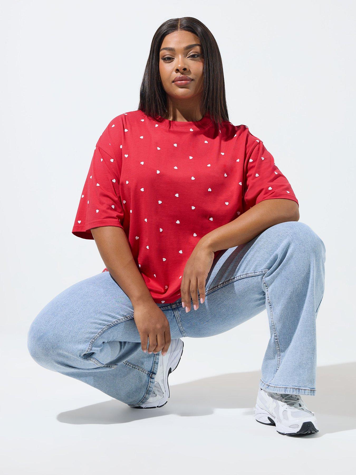 Yours Curve Heart Print Boxy T-Shirt - Red