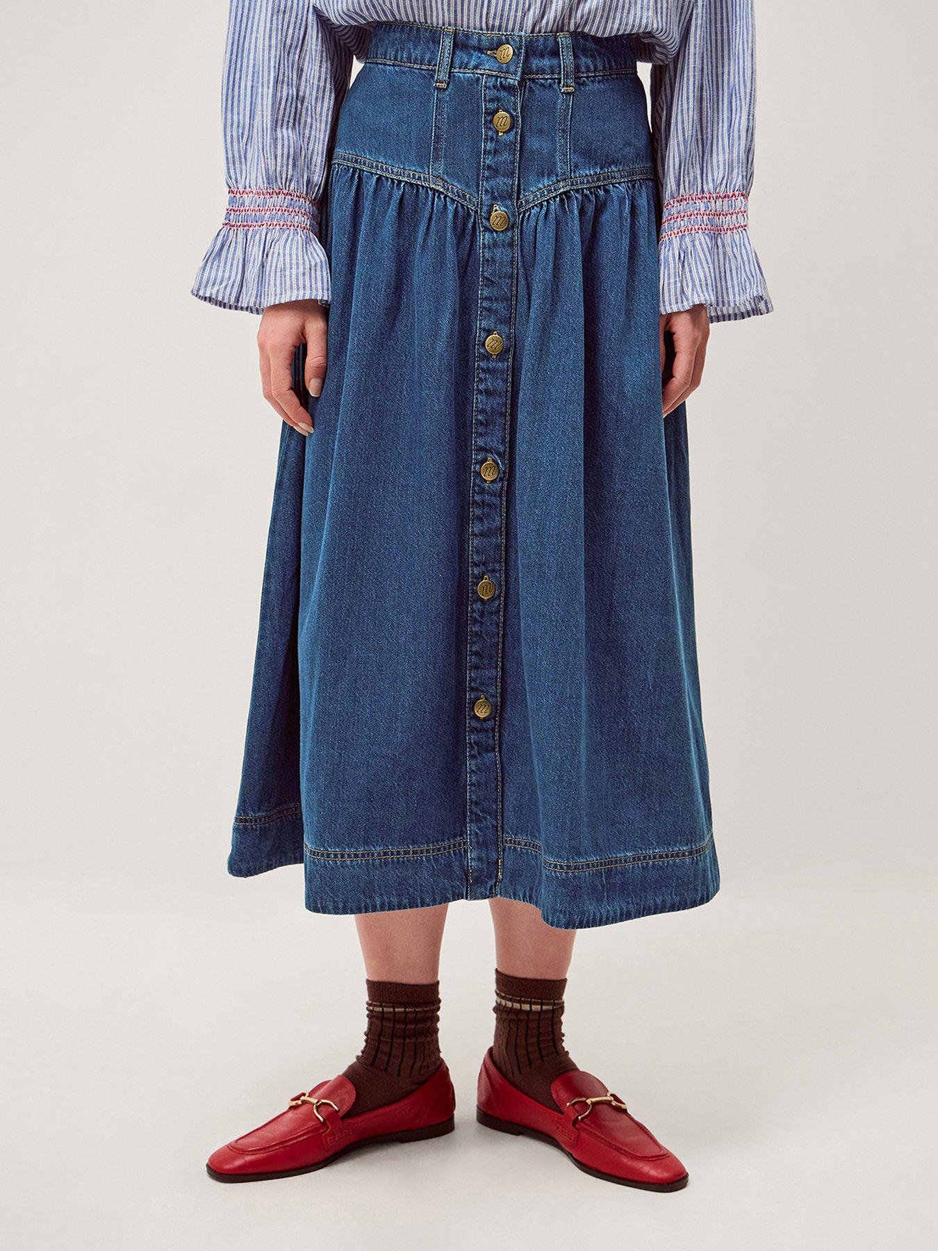 Image 1 of 5 of Monsoon Tamsin Button Denim Midi Skirt - Blue