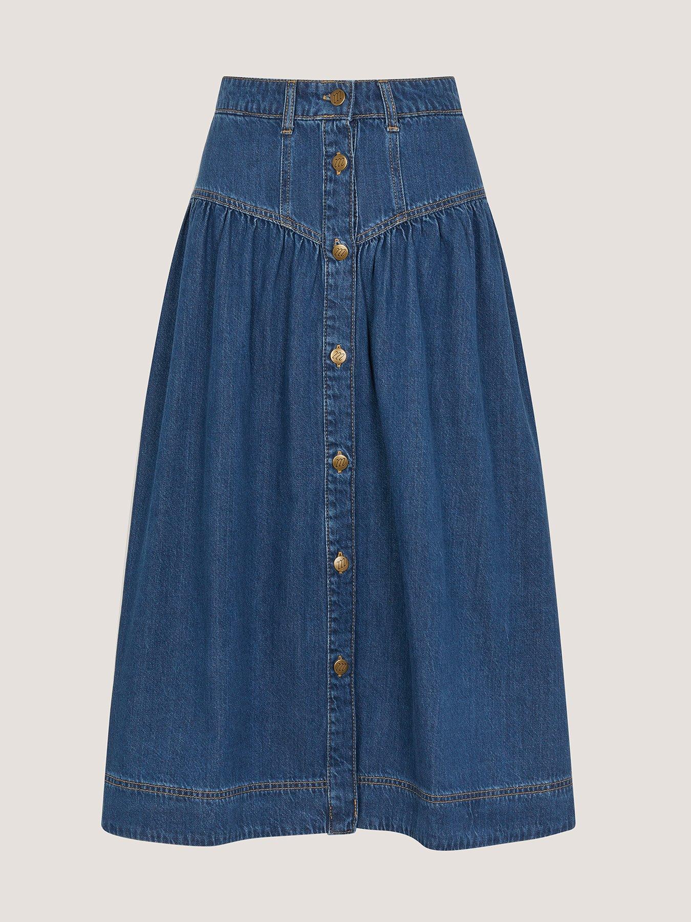 Image 4 of 5 of Monsoon Tamsin Button Denim Midi Skirt - Blue