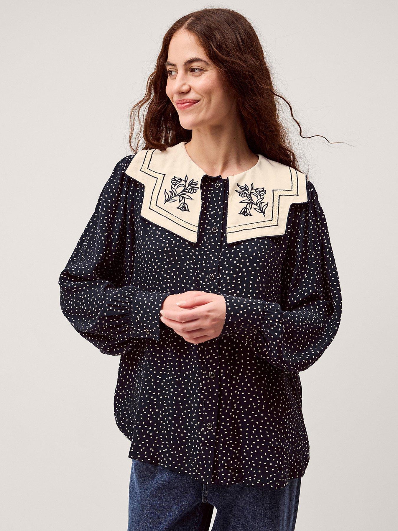 Monsoon Ivy Embroidered Collar Polka Dot Top - Navy