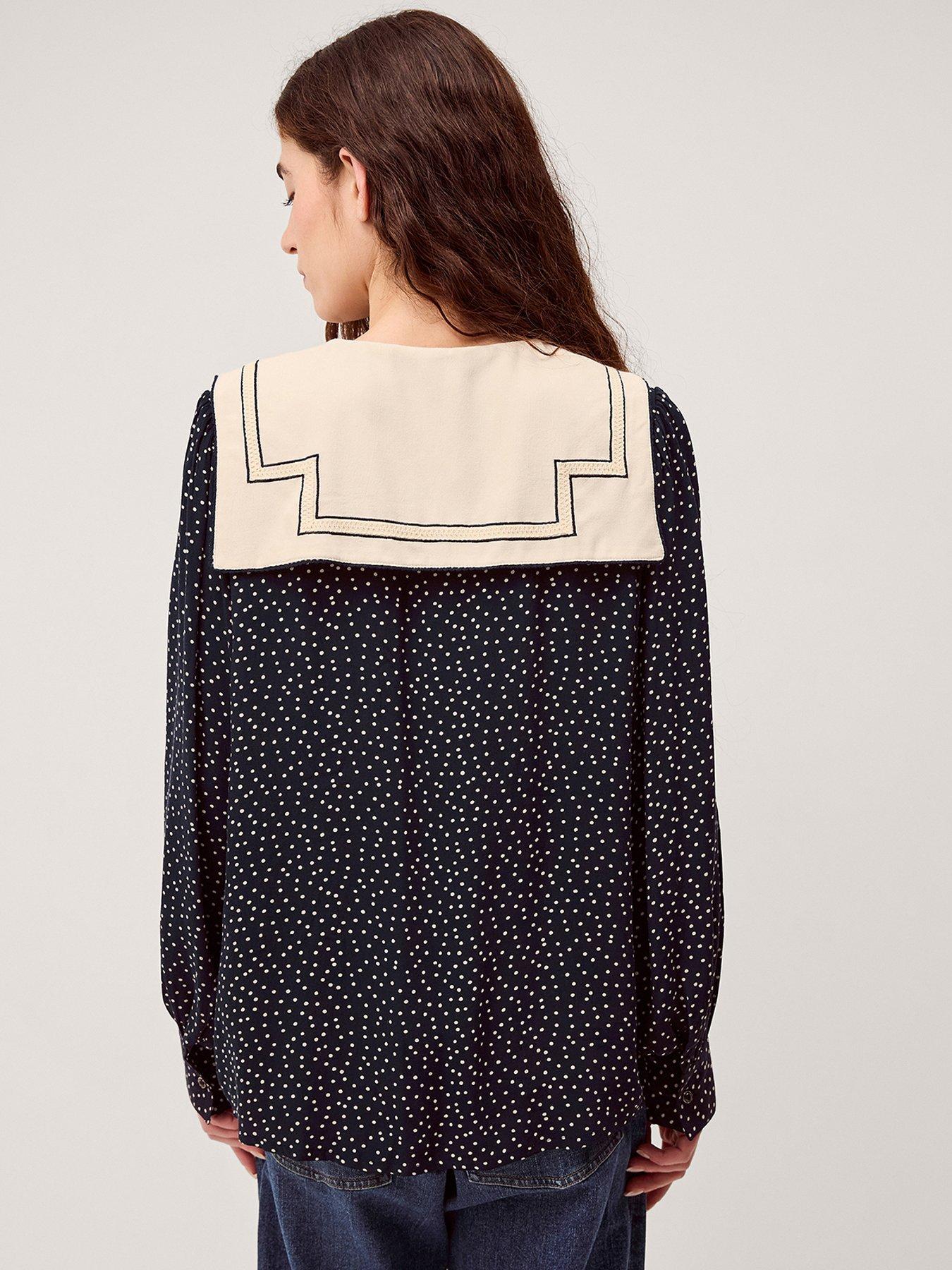 Image 2 of 5 of Monsoon Ivy Embroidered Collar Polka Dot Top - Navy
