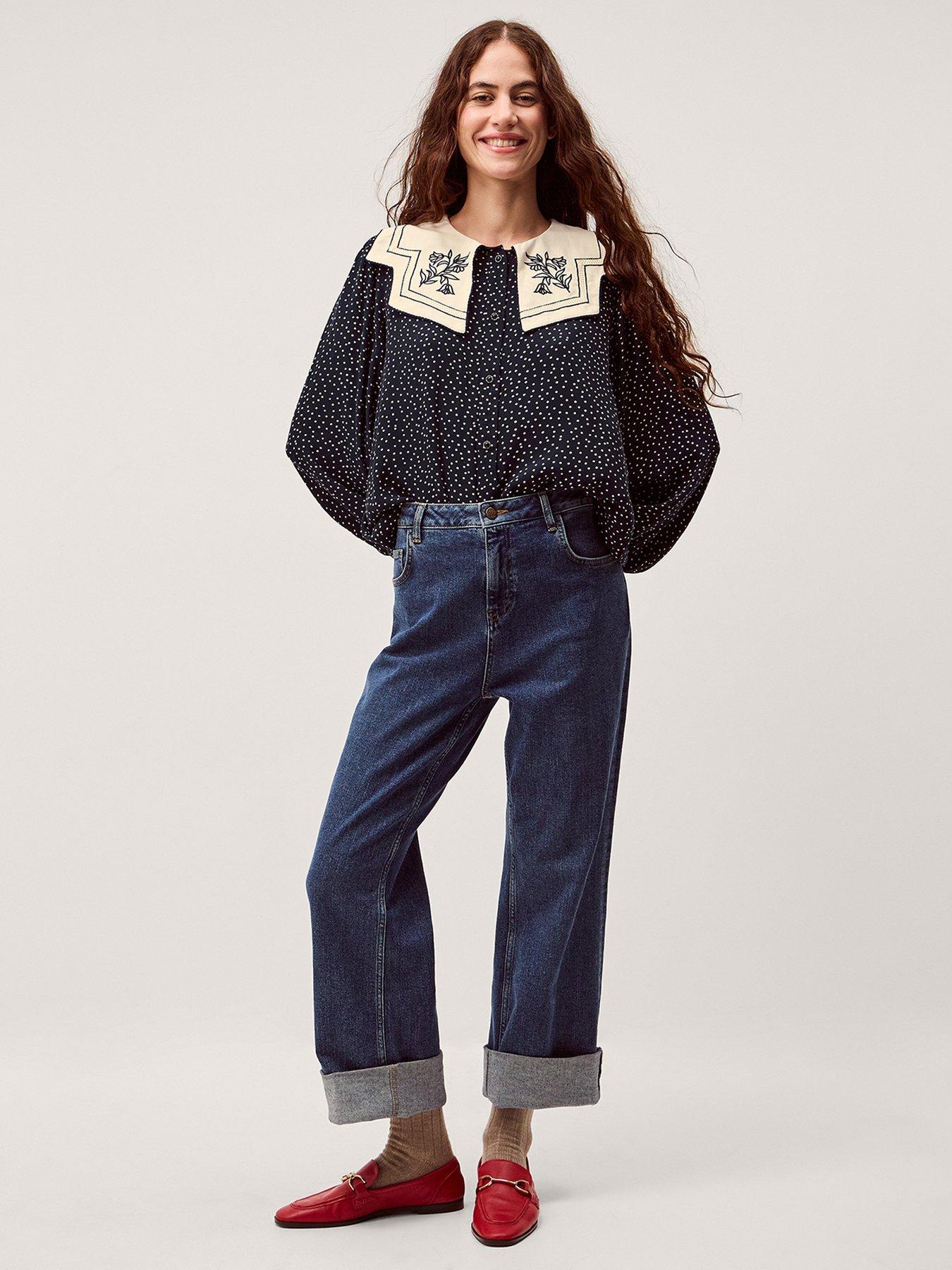Image 3 of 5 of Monsoon Ivy Embroidered Collar Polka Dot Top - Navy