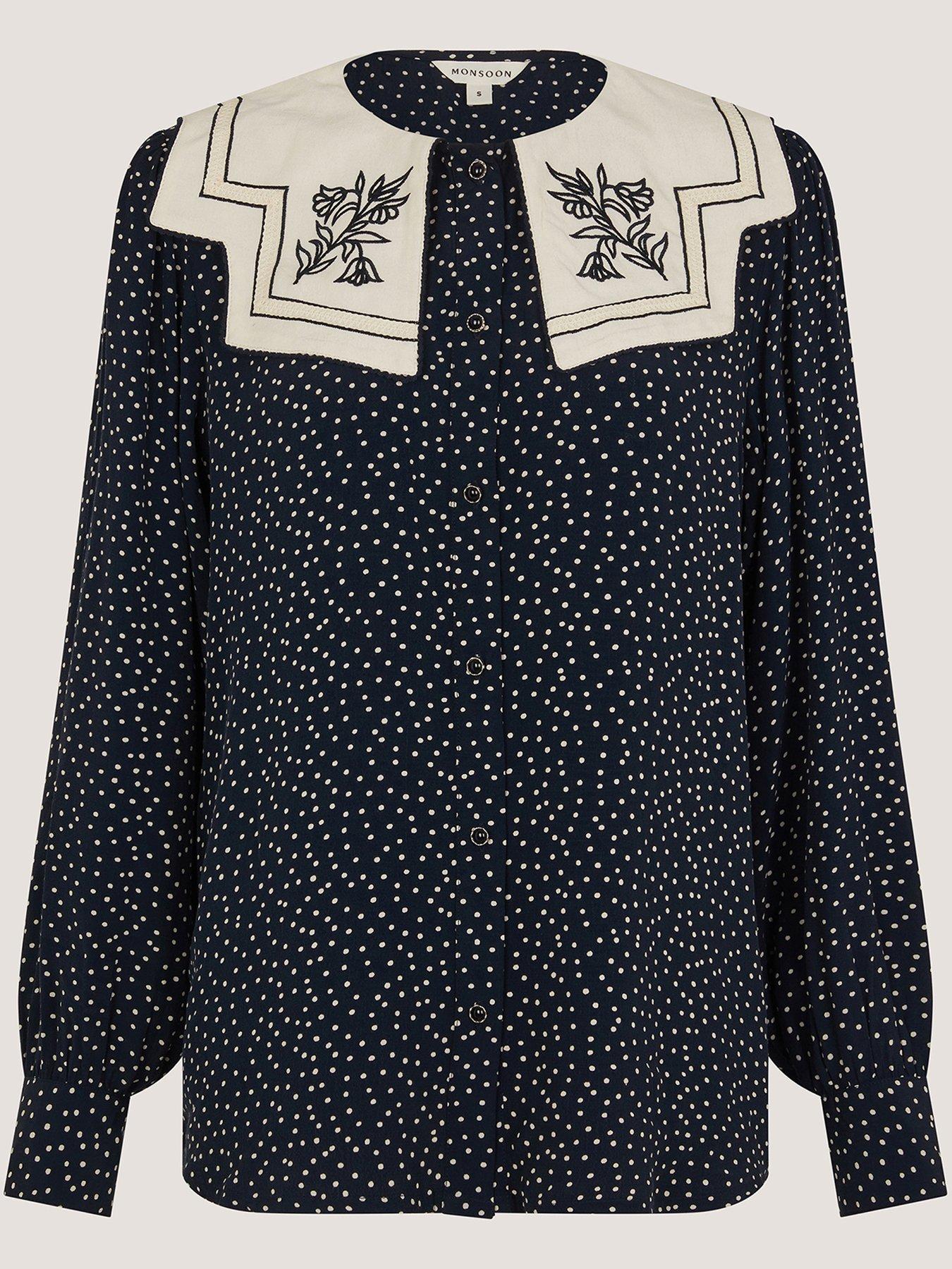 Image 5 of 5 of Monsoon Ivy Embroidered Collar Polka Dot Top - Navy