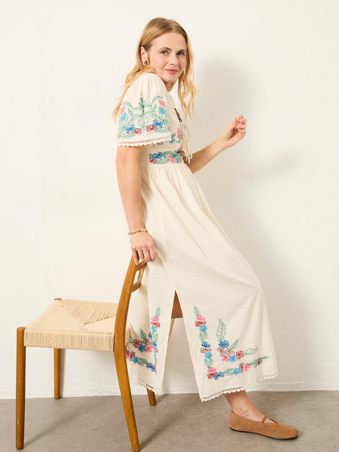 Image 1 of 7 of FatFace Lea Ivory Regular Embroidered Midi Dress