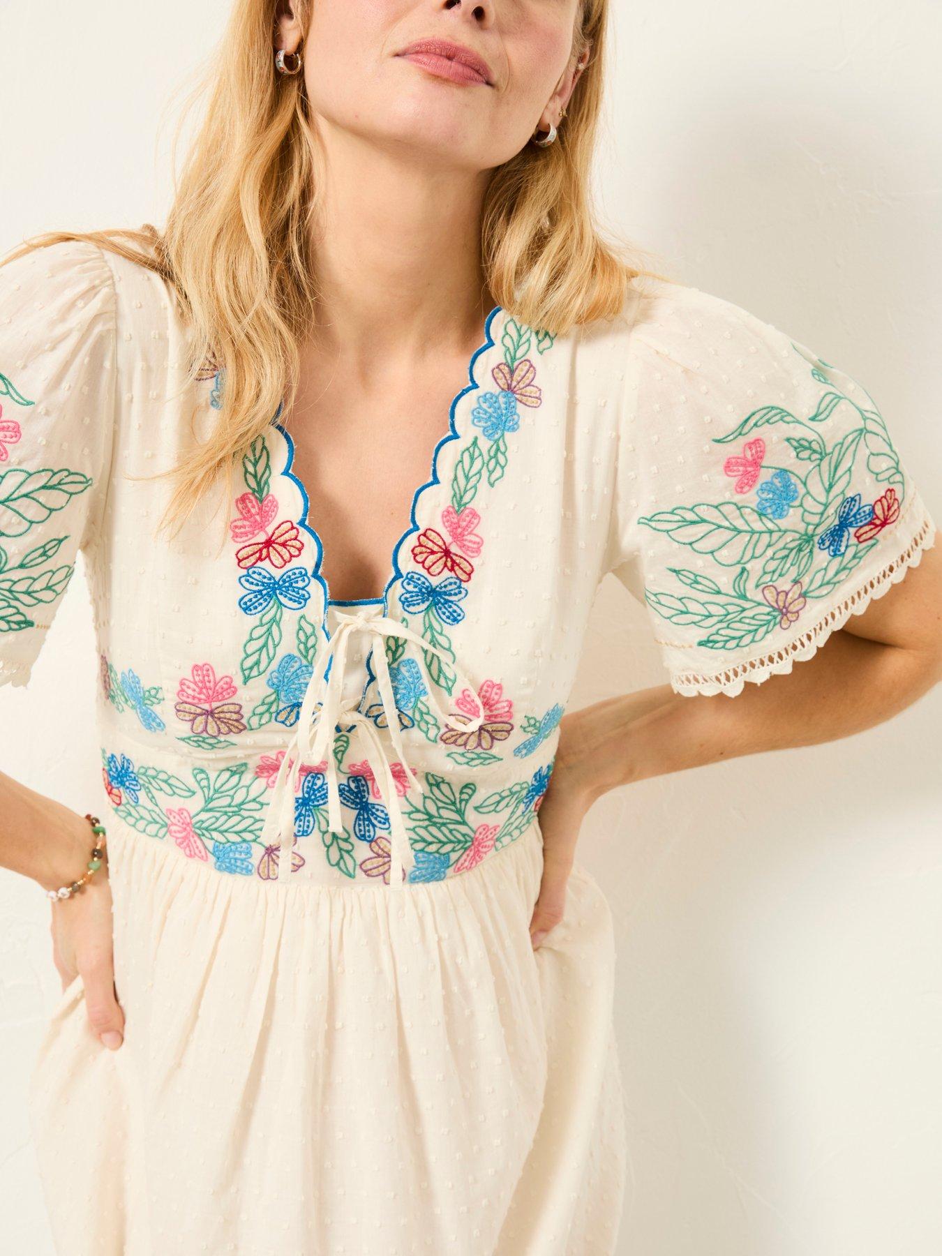 Image 4 of 7 of FatFace Lea Ivory Regular Embroidered Midi Dress