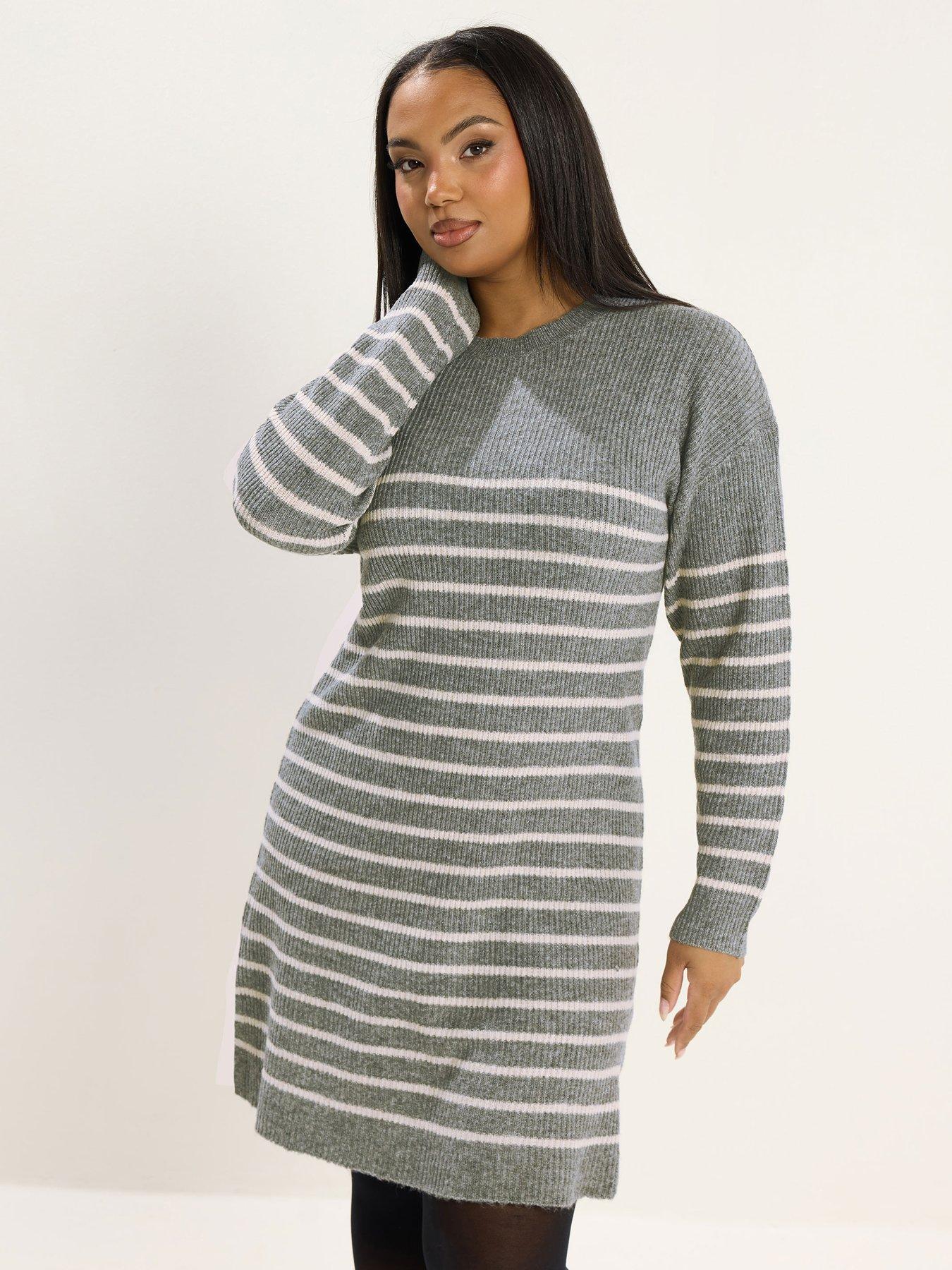 Yours Curve Stripe Jumper Dress - Grey