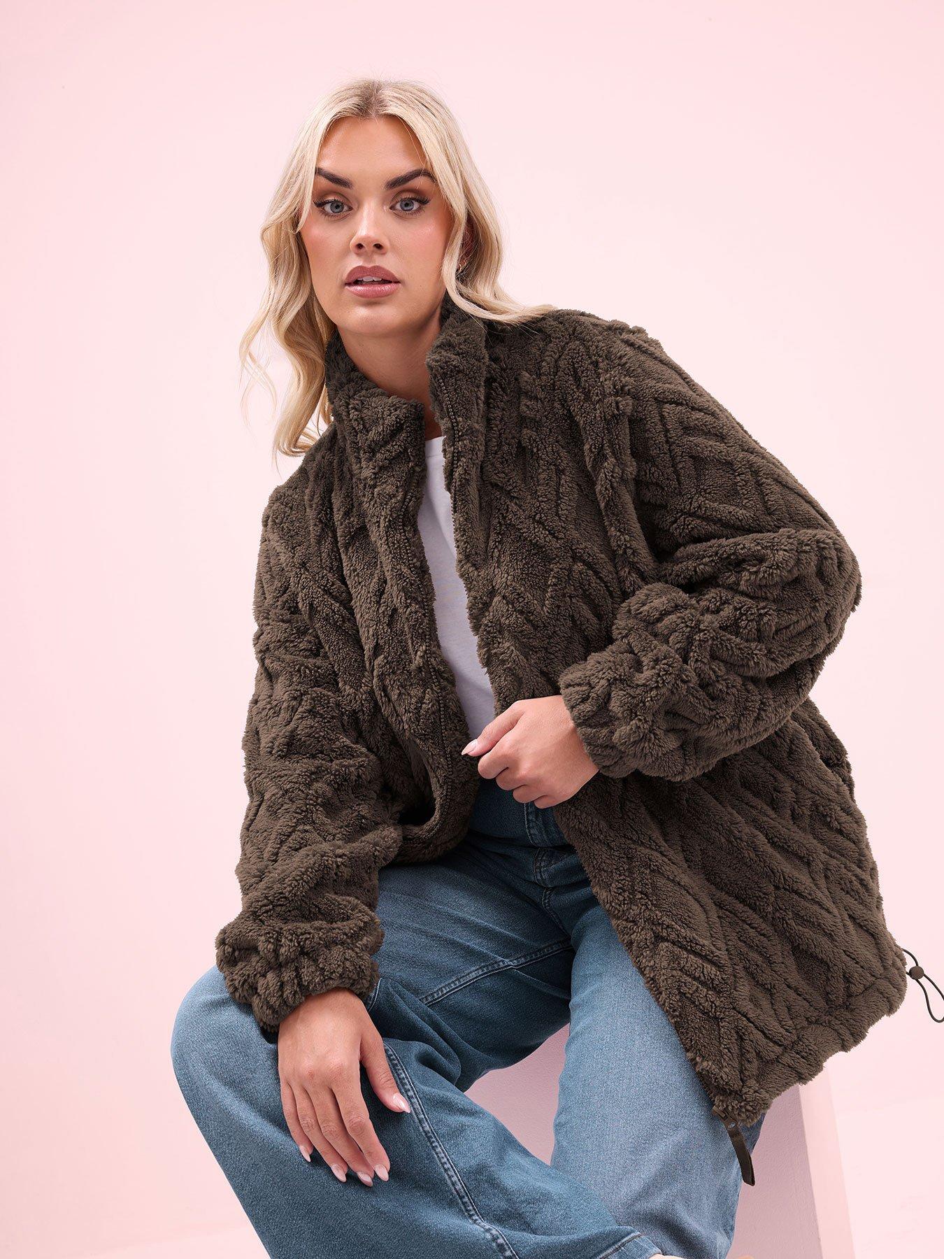Yours Curve Texture Zip Through Fleece Jacket - Brown