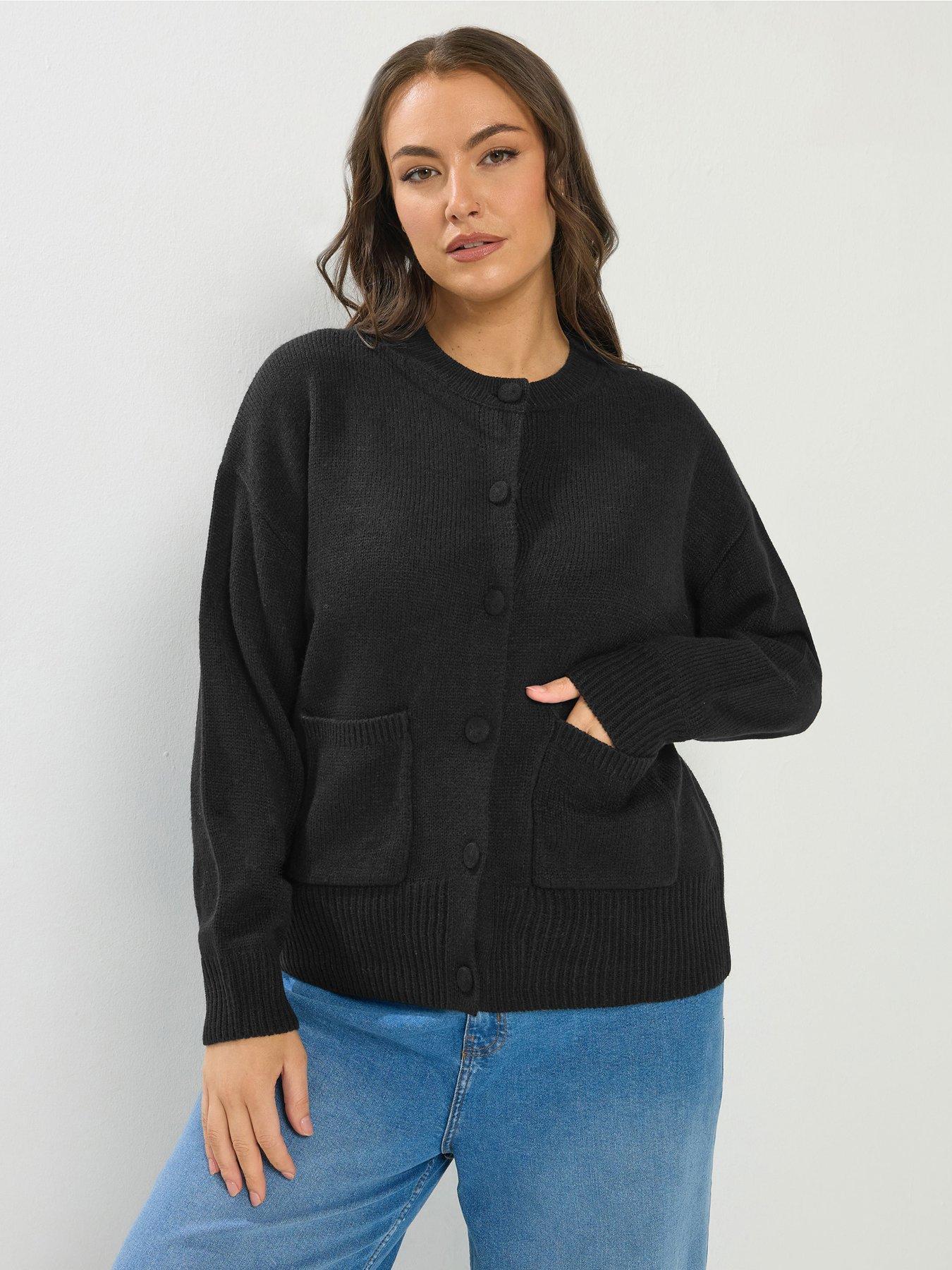 Yours Curve Button Through Bomber Cardigan - Black