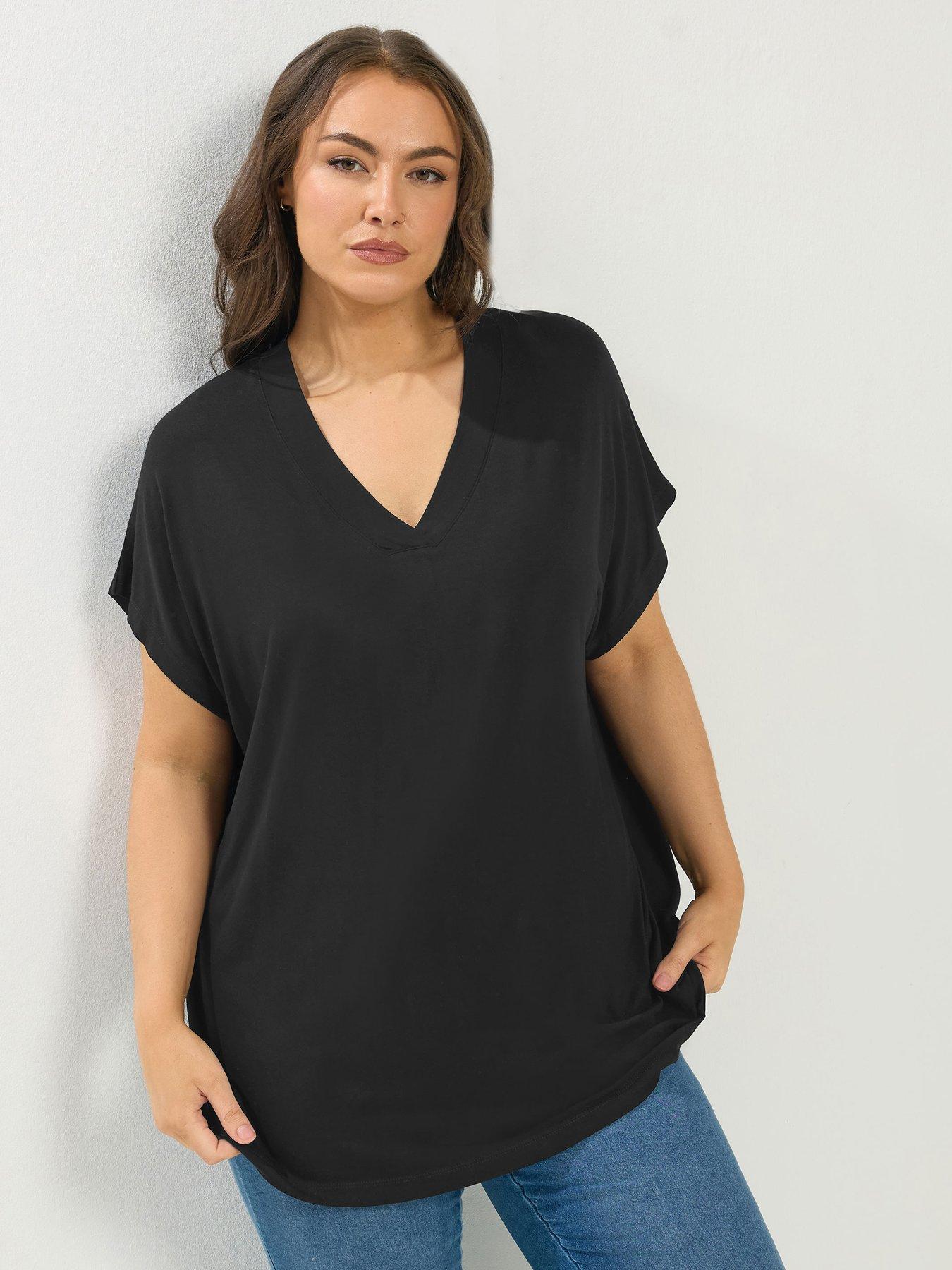 Yours Curve V Neck Grown On Sleeve T-Shirt - Black