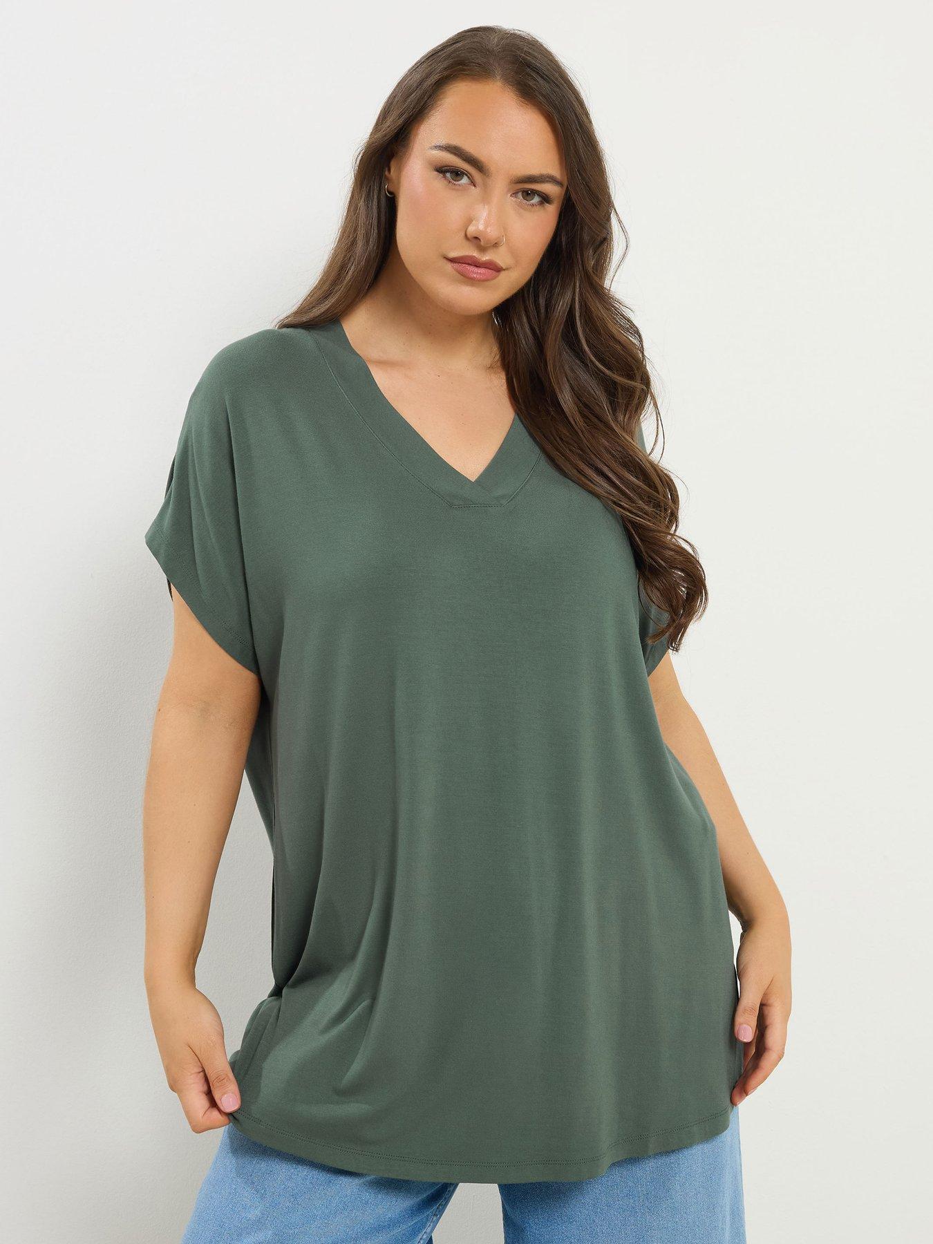 Yours Curve V Neck Grown On Sleeve T-Shirt - Green