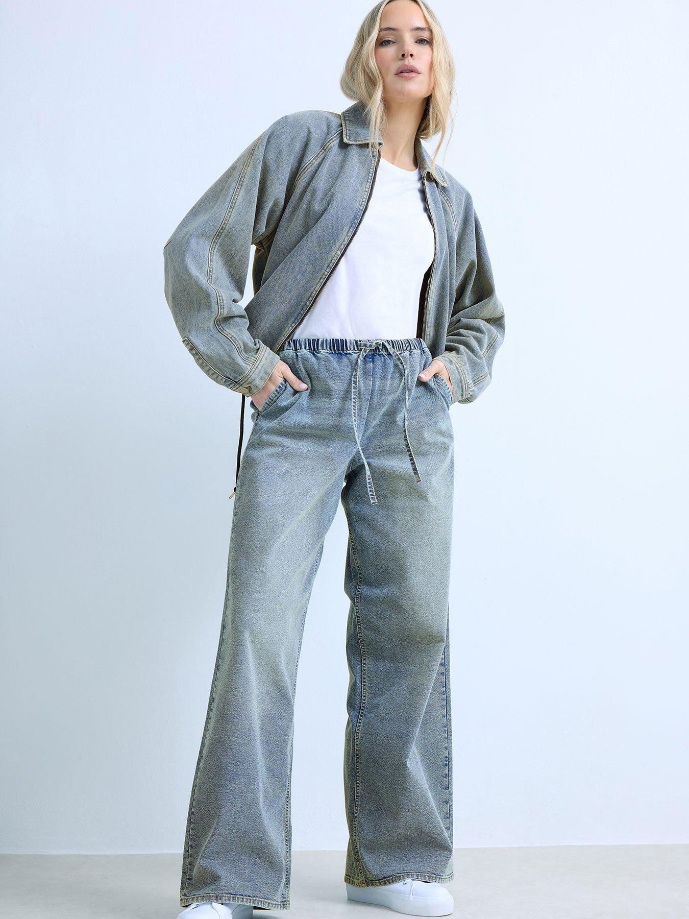 Long Tall Sally Mid Wash Wide Leg Pull On Jeans 36" - Blue