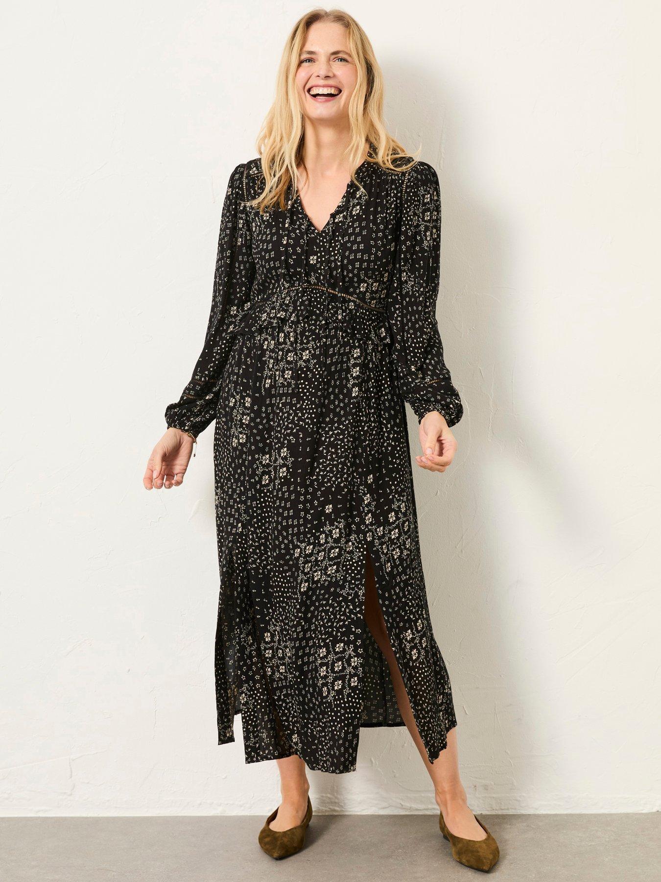 FatFace Tara Mono Patchwork Petite Floral Dress, Black, Size 18, Women