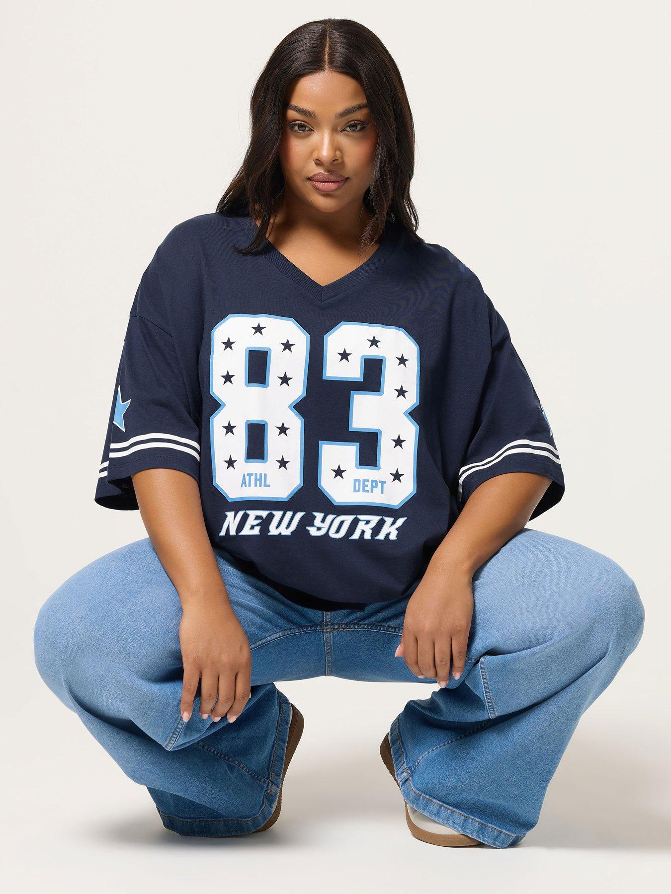 Yours Curve Placement Boxy Varsity T-Shirt - Blue
