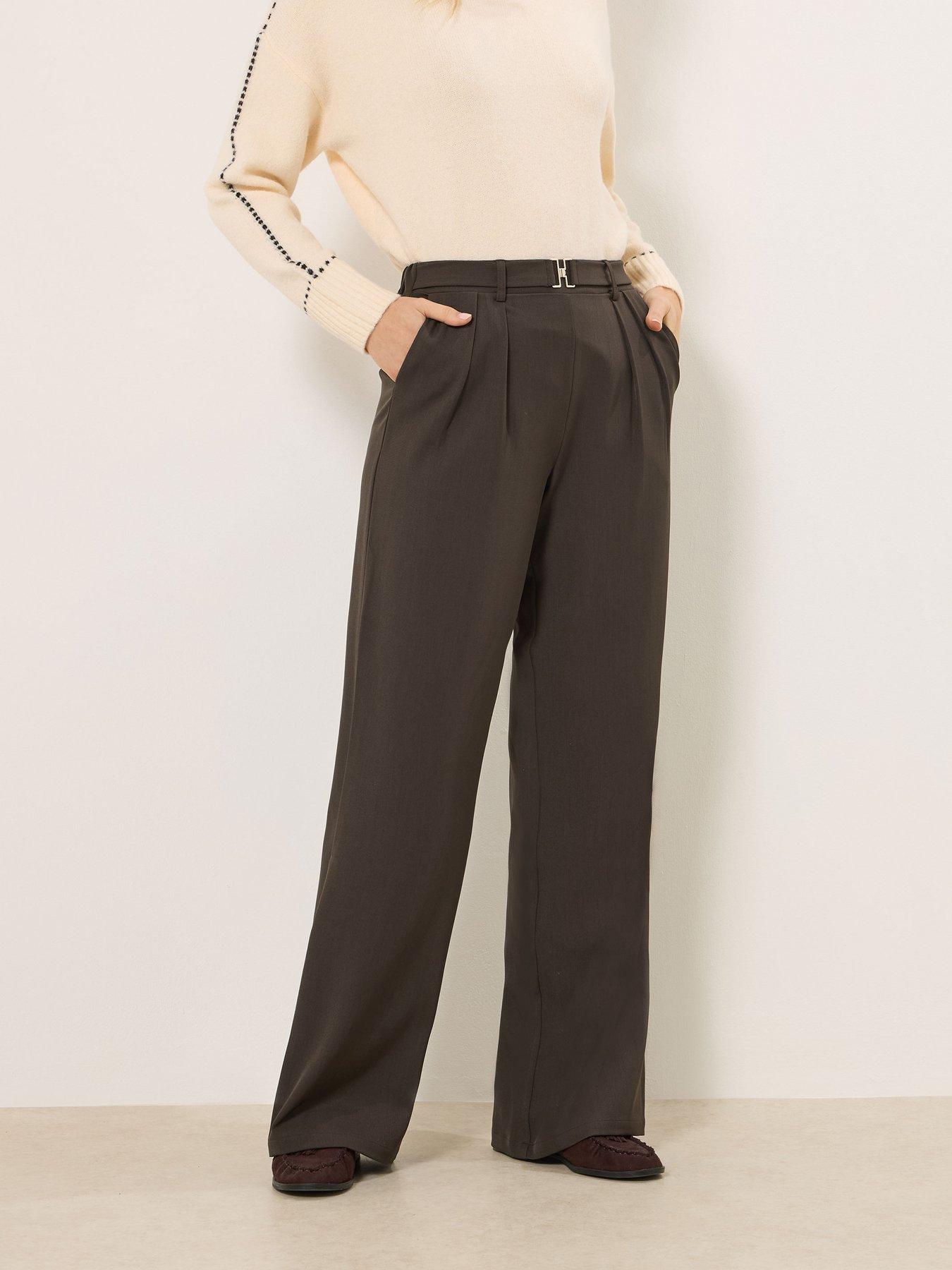Long Tall Sally Buckle Wide Leg Trousers 36" - Brown