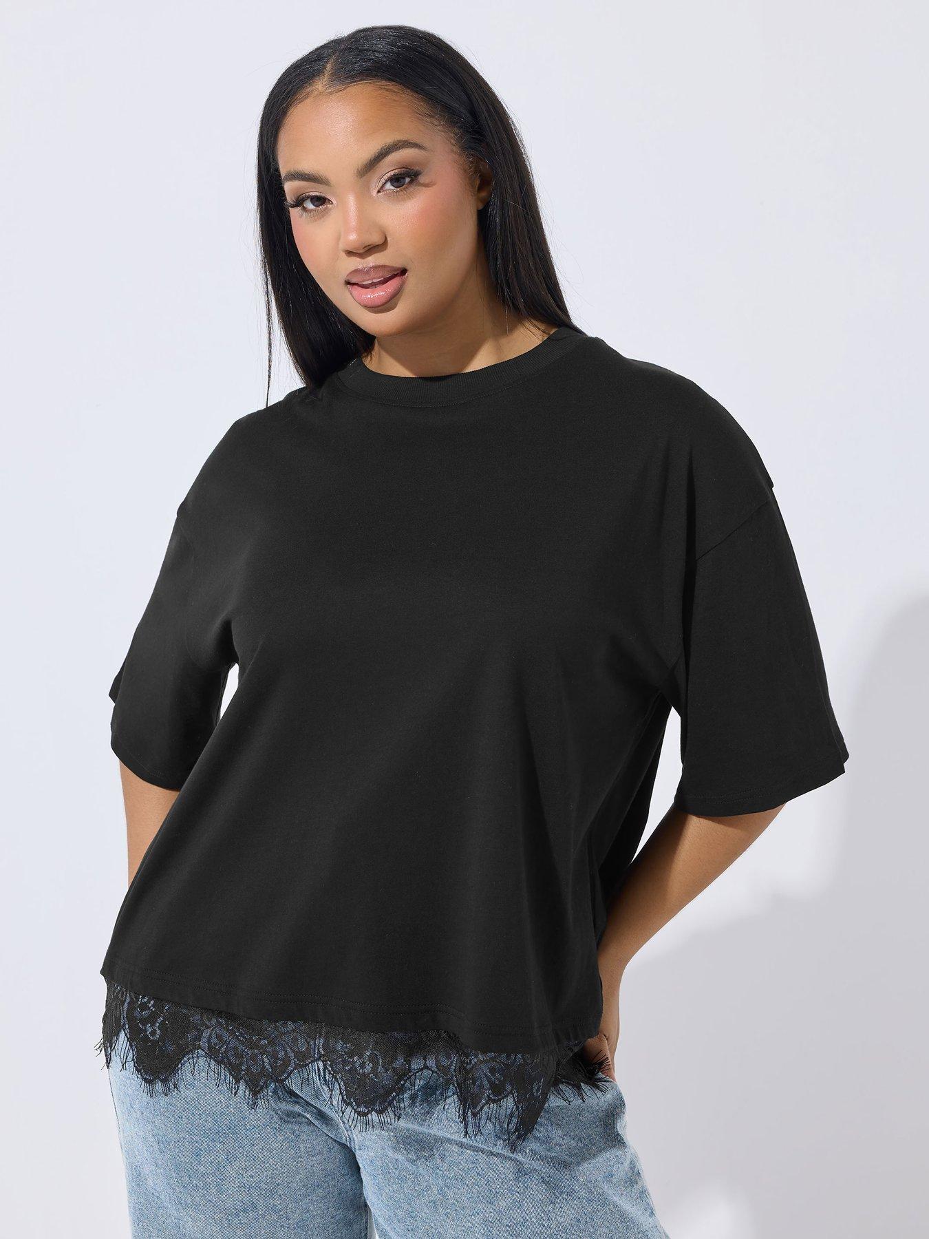 Yours Curve Lace Hem Top - Black