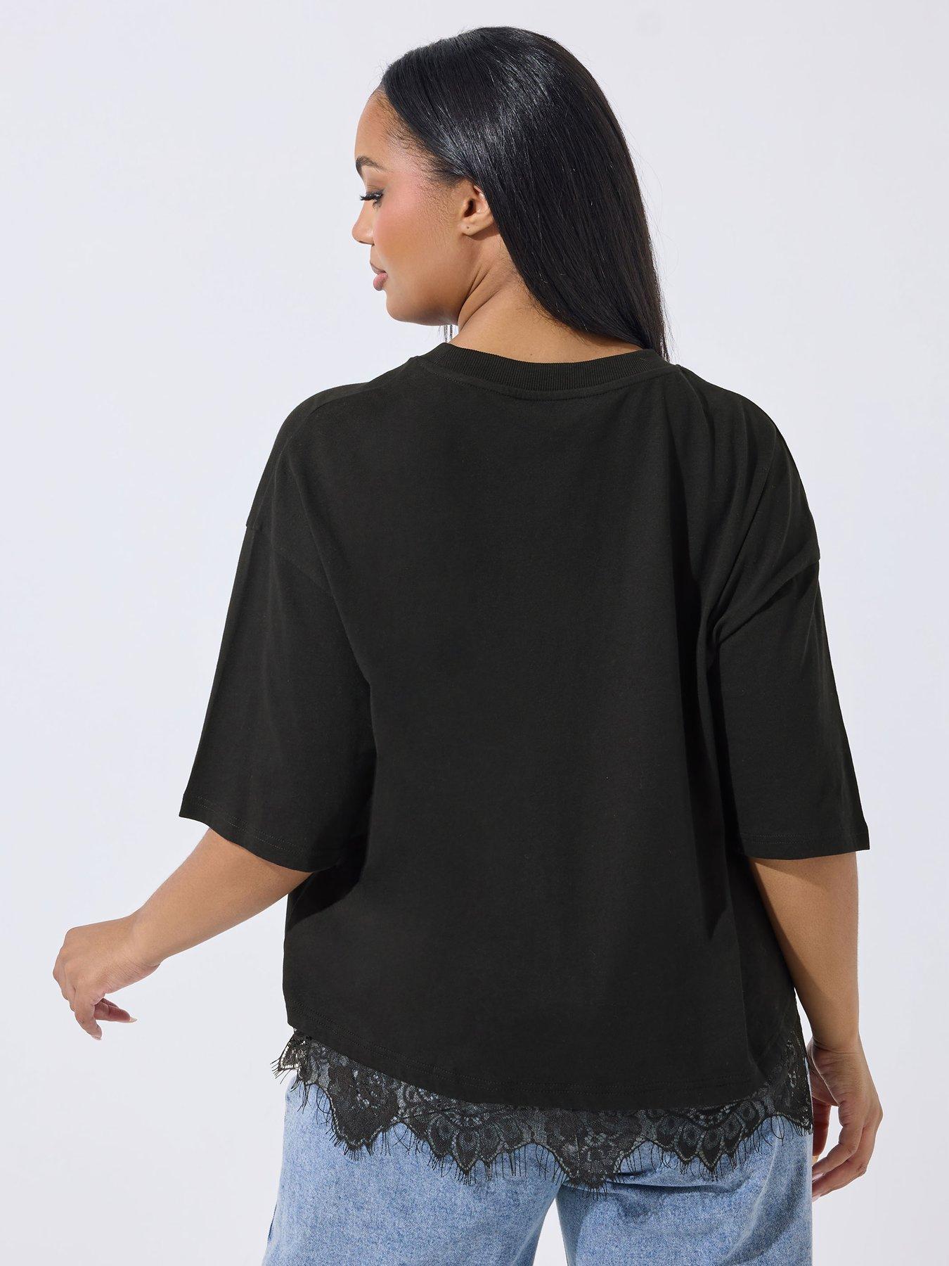 Image 2 of 5 of Yours Curve Lace Hem Top - Black
