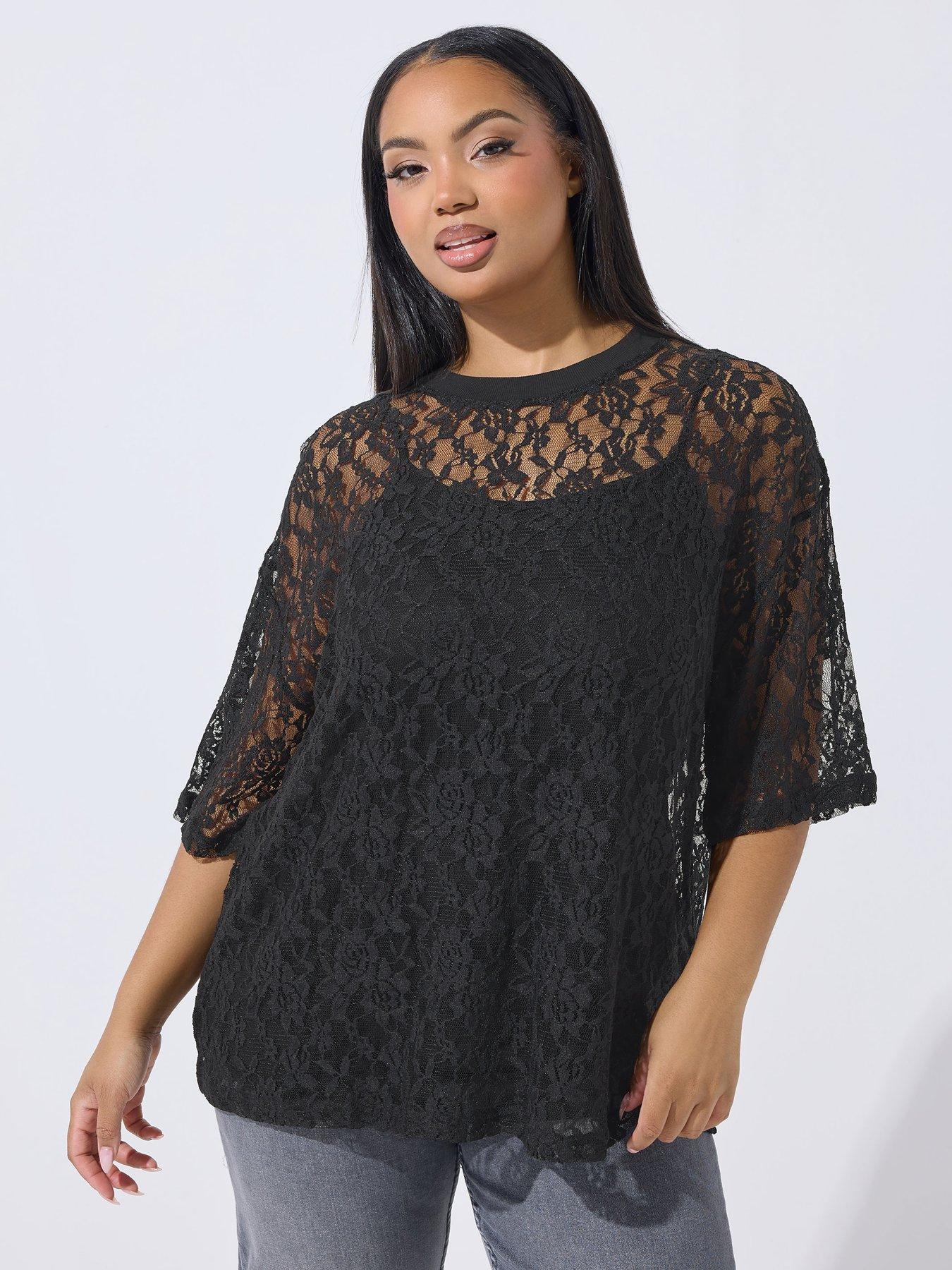 Image 1 of 5 of Yours Curve All Over Lace T-Shirt - Black