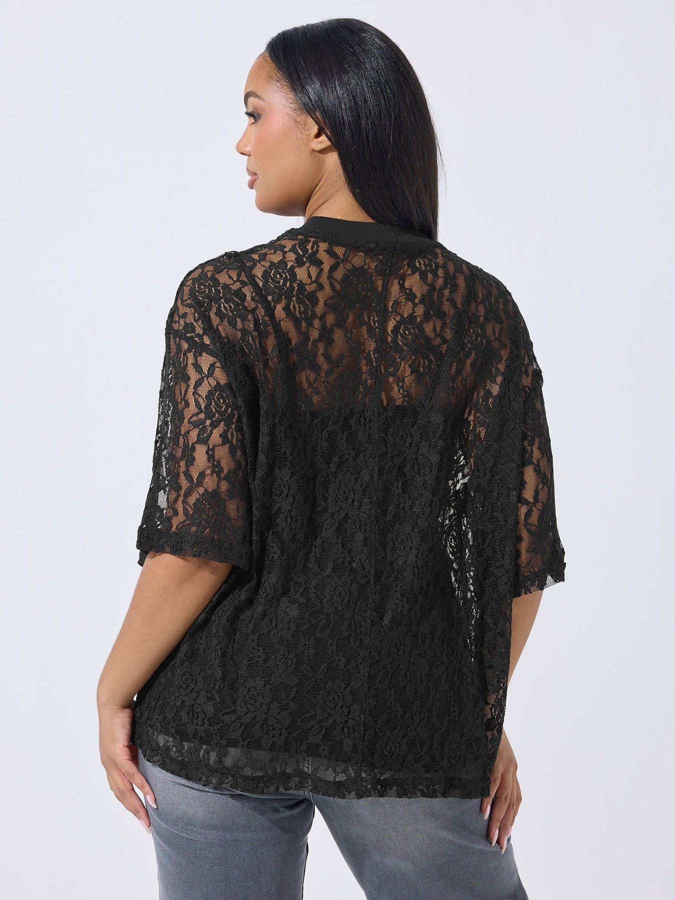 Image 2 of 5 of Yours Curve All Over Lace T-Shirt - Black